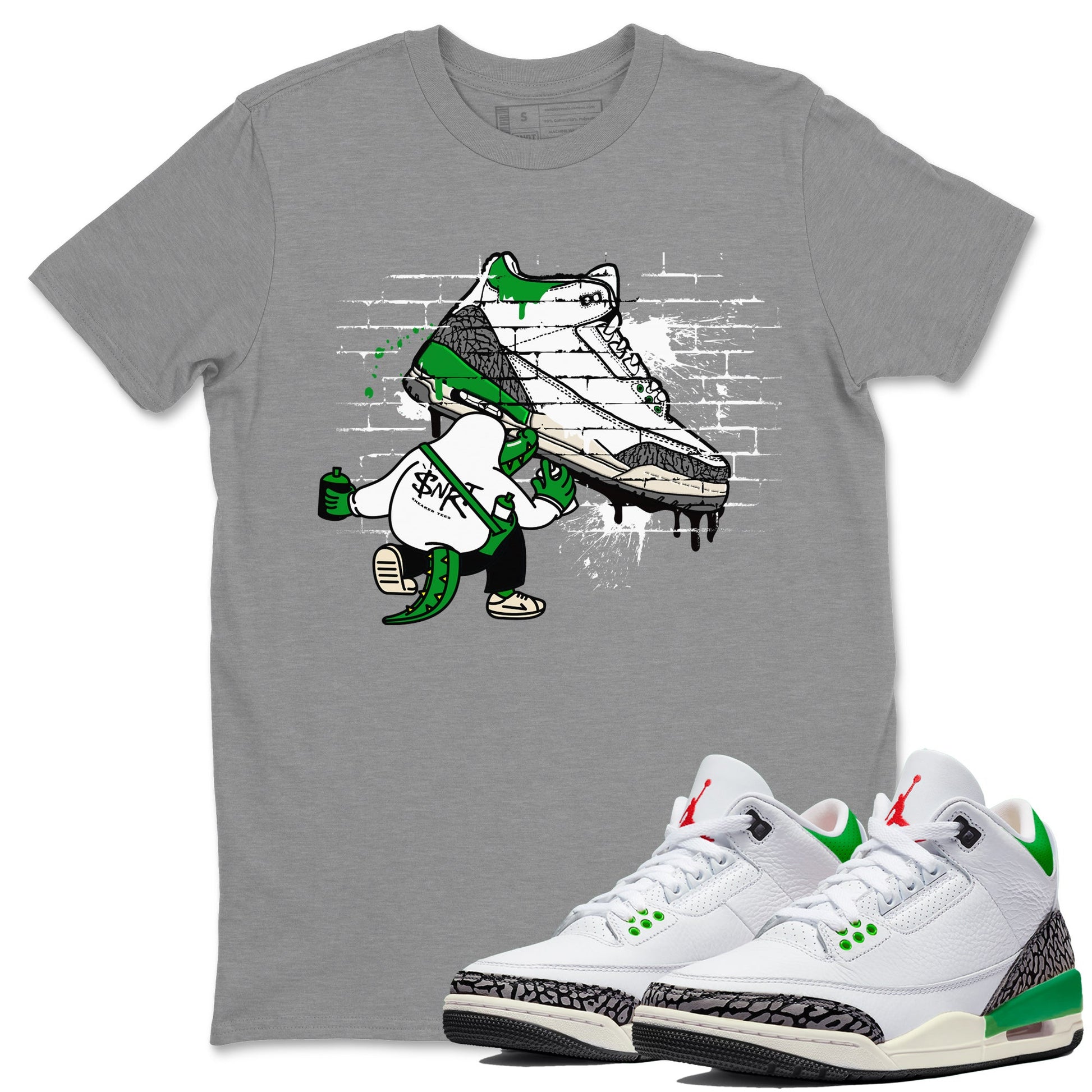 AJ3 Lucky Green Sneaker Match Tees Crocodile Artist Sneaker Tees Air Jordan 3 Lucky Green Sneaker Release Tees Unisex Shirts Heather Grey 1