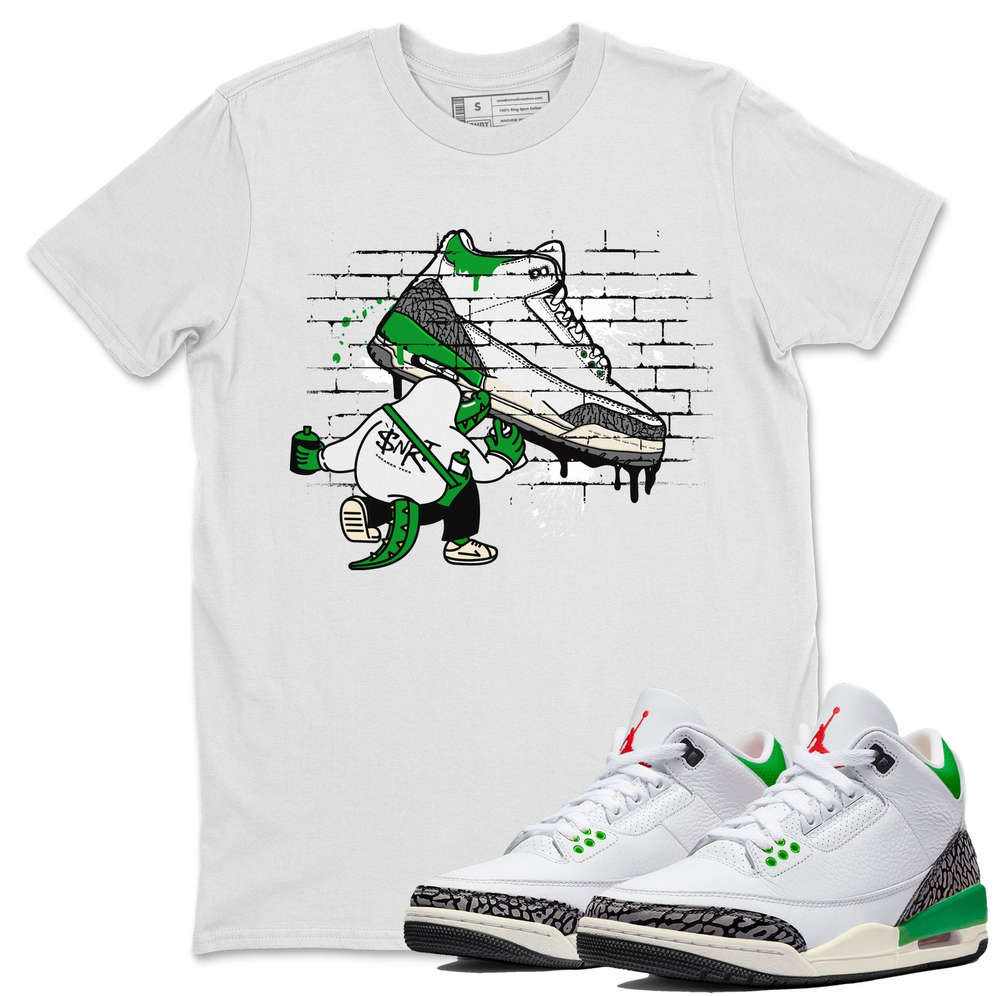 AJ3 Lucky Green Sneaker Match Tees Crocodile Artist Sneaker Tees Air Jordan 3 Lucky Green Sneaker Release Tees Unisex Shirts White 1