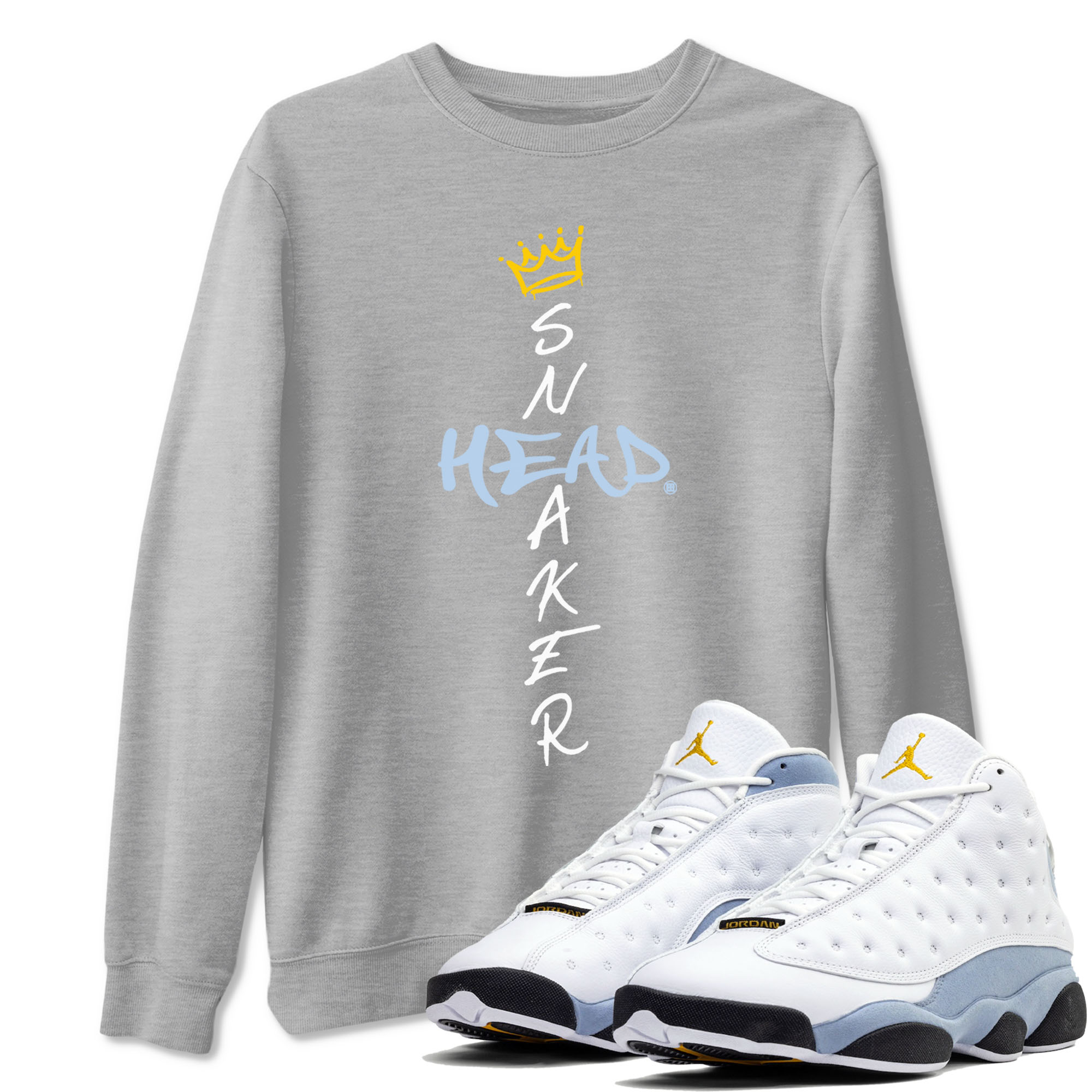 13s Blue Grey shirt to match jordans Cross Sneakerhead sneaker tees Air Jordan 13 Blue Grey SNRT Sneaker Release Tees unisex cotton Heather Grey 1 crew neck shirt