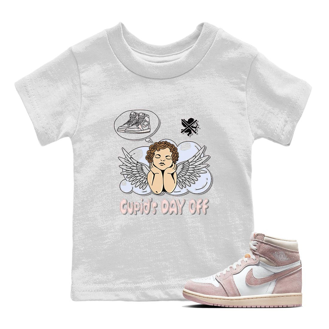 Air Jordan 1 Washed Pink Sneaker Match Tees Cupids Day Off Sneaker Tees AJ1 Washed Pink Sneaker Release Tees Kids Shirts White 1