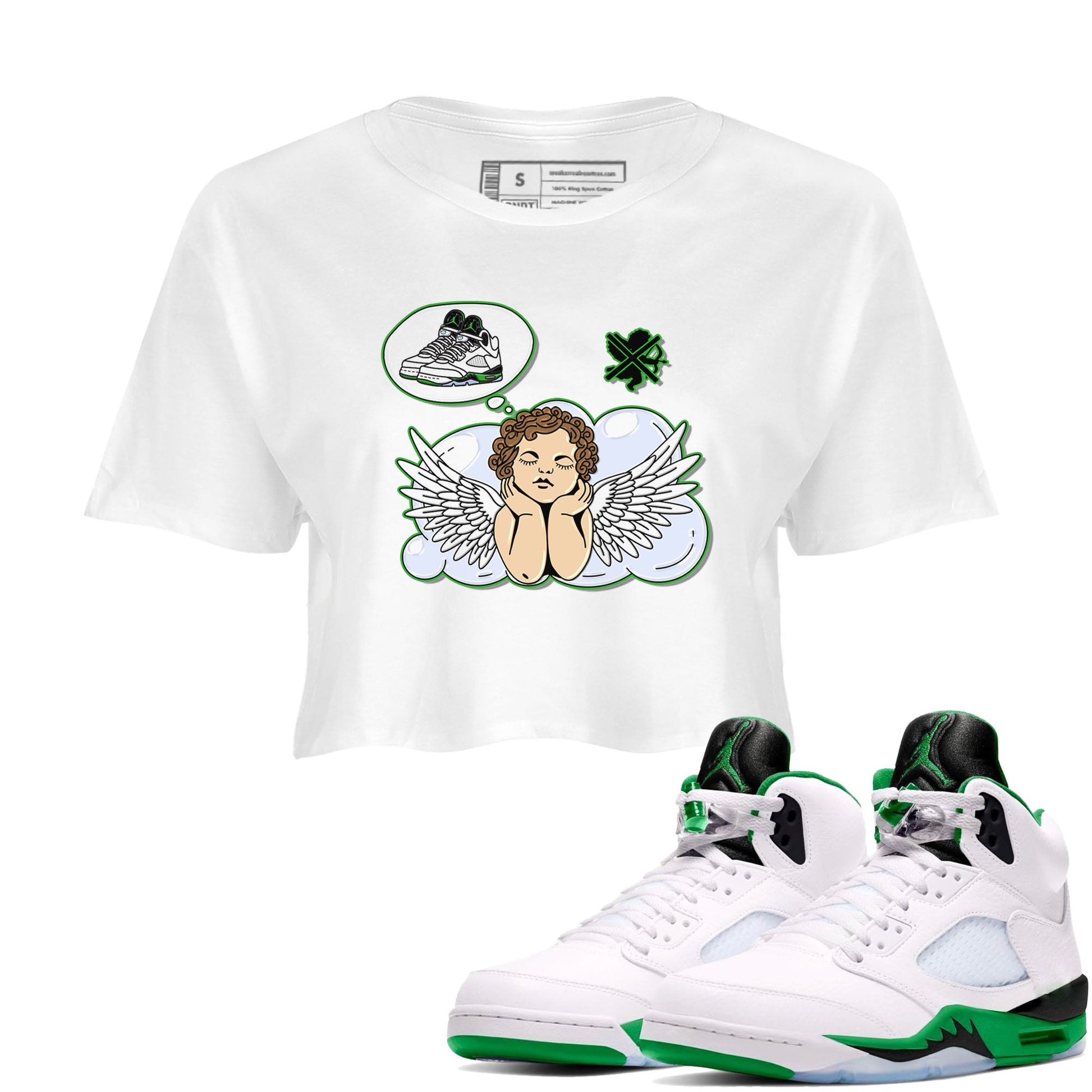 5s Lucky Green shirt to match jordans Cupids Day Off sneaker tees Air Jordan 5 Lucky Green SNRT Sneaker Release Tees White 1 crop length shirt