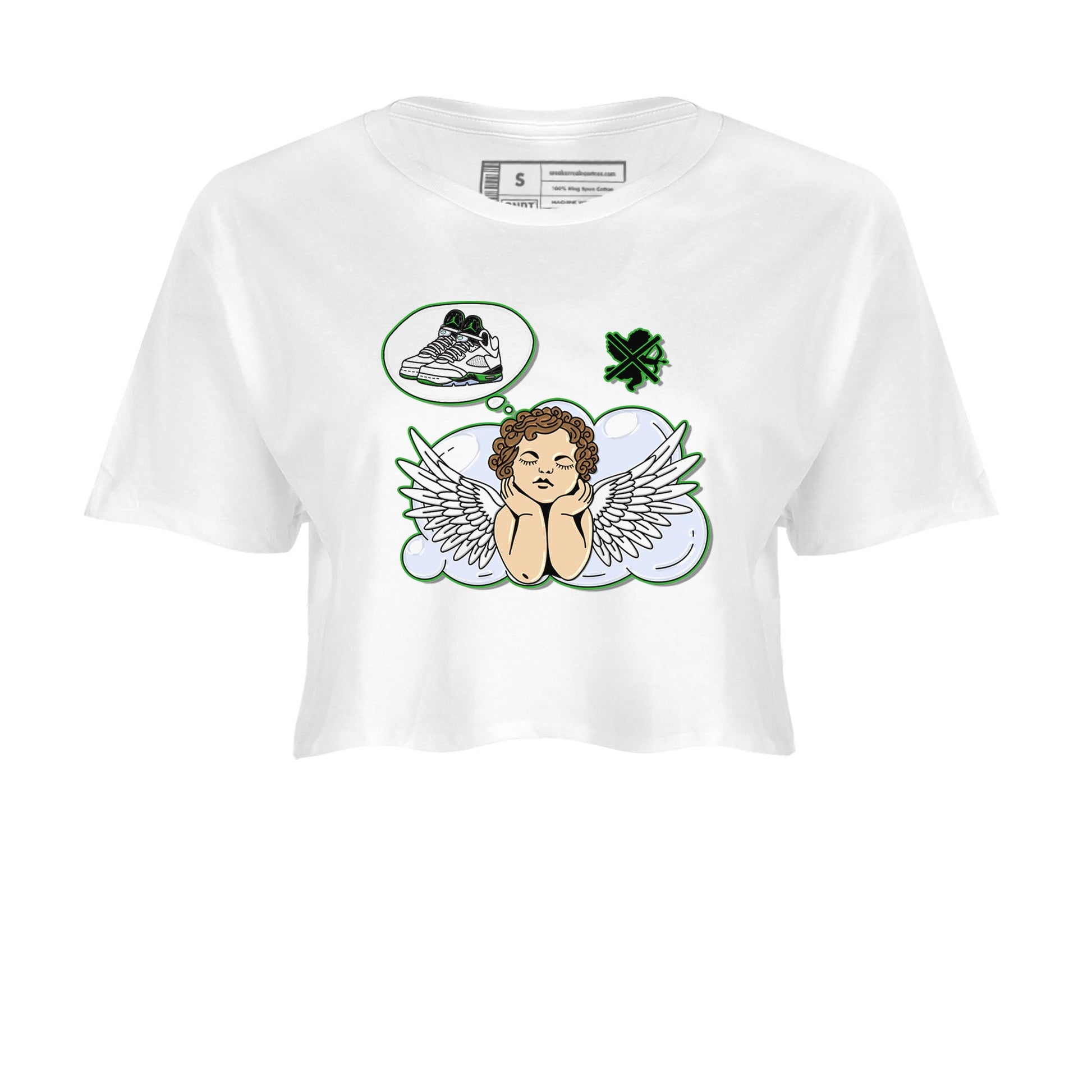 5s Lucky Green shirt to match jordans Cupids Day Off sneaker tees Air Jordan 5 Lucky Green SNRT Sneaker Release Tees White 2 crop length shirt