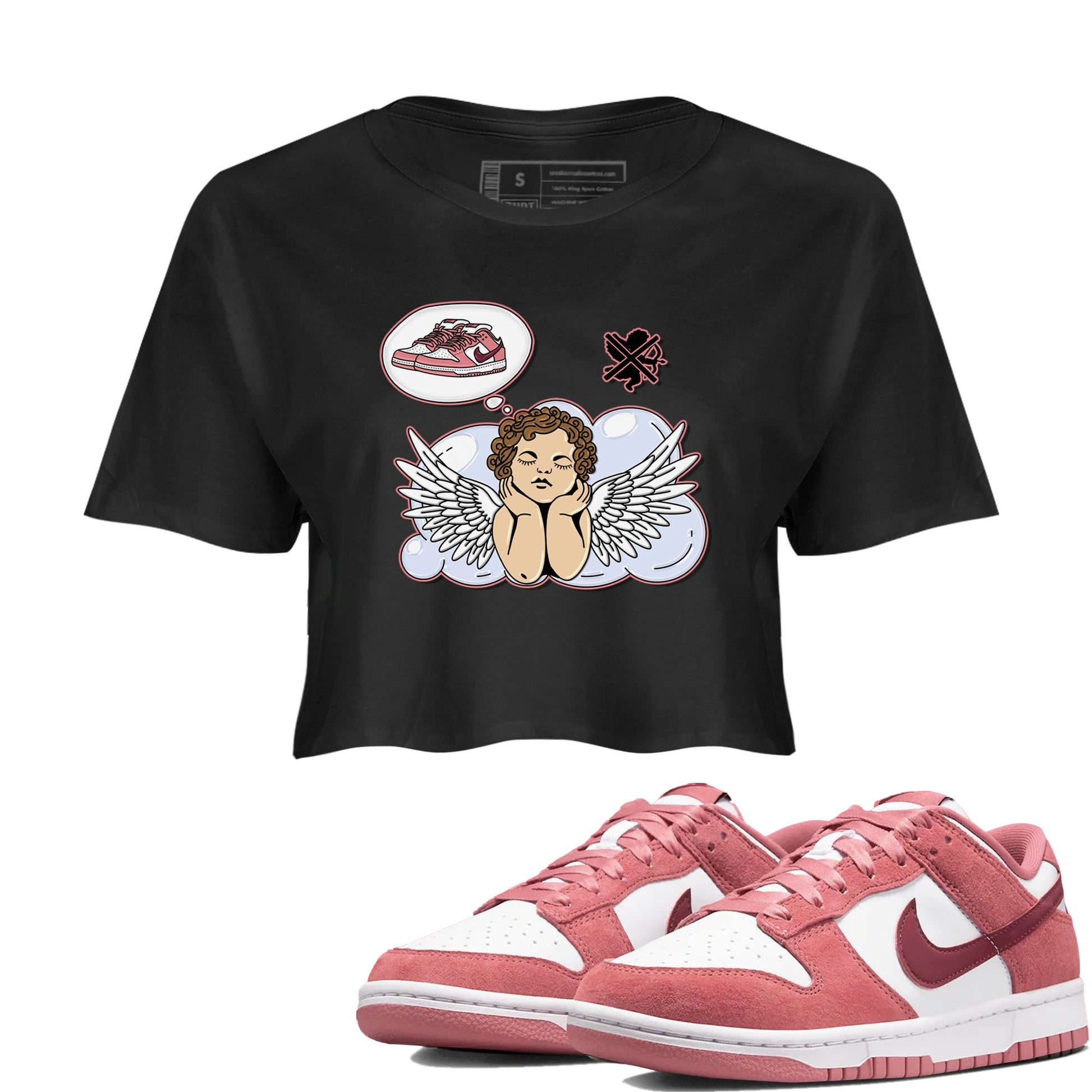Dunk Valentine's Day shirt to match jordans Cupids Day Off sneaker tees Dunks Valentine's Day SNRT sneaker Release Tees Black 1 crop length shirt