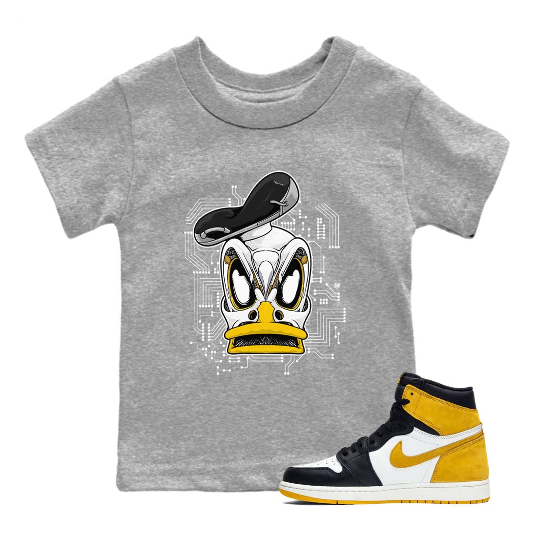 1s Yellow Ochre shirt to match jordans Cyber Duck sneaker tees Air Jordan 1 High OG Yellow Ochre SNRT sneaker release tees baby toddler Heather Grey 1 cotton Shirt