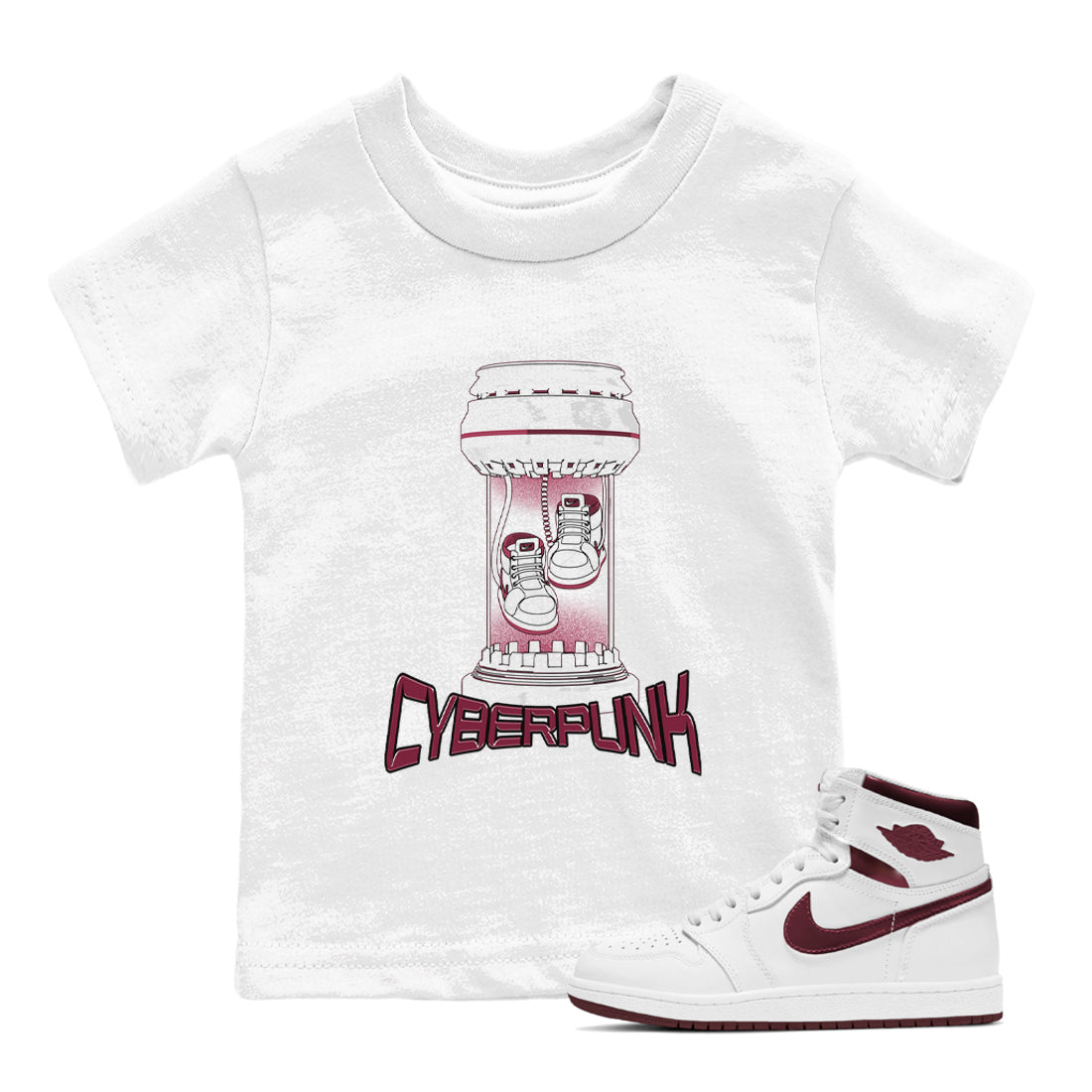 1s Metallic Burgundy shirt to match jordans Cyberpunk sneaker tees AJ1 Metallic Burgundy SNRT Sneaker Release Tees Baby Toddler White 1 T-Shirt