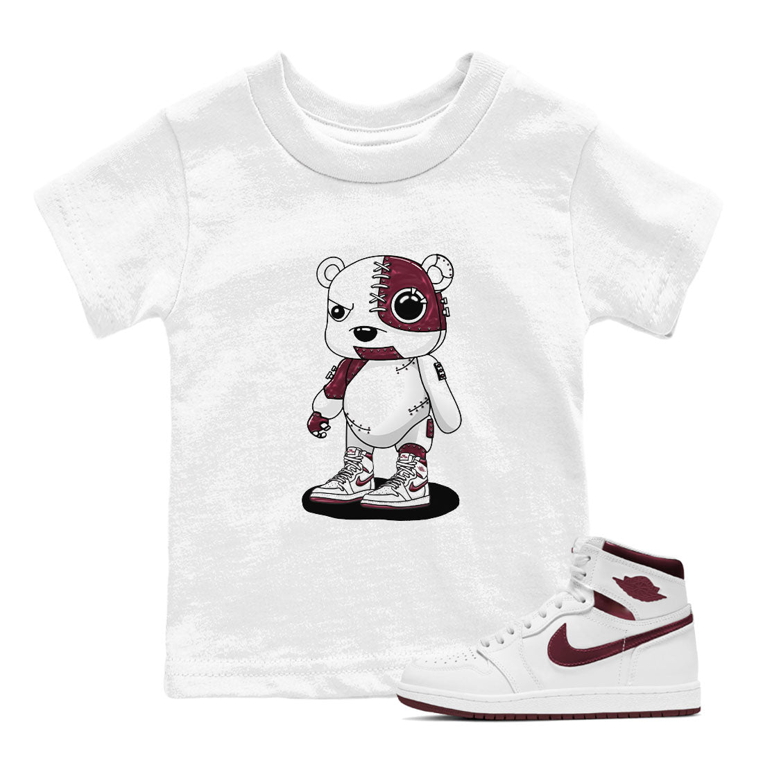AJ1 Metalic Burgundy shirt to match jordans Cyborg Bear sneaker tees Air Jordan 1 Metalic Burgundy SNRT sneaker release tees baby toddler White 1 cotton Shirt