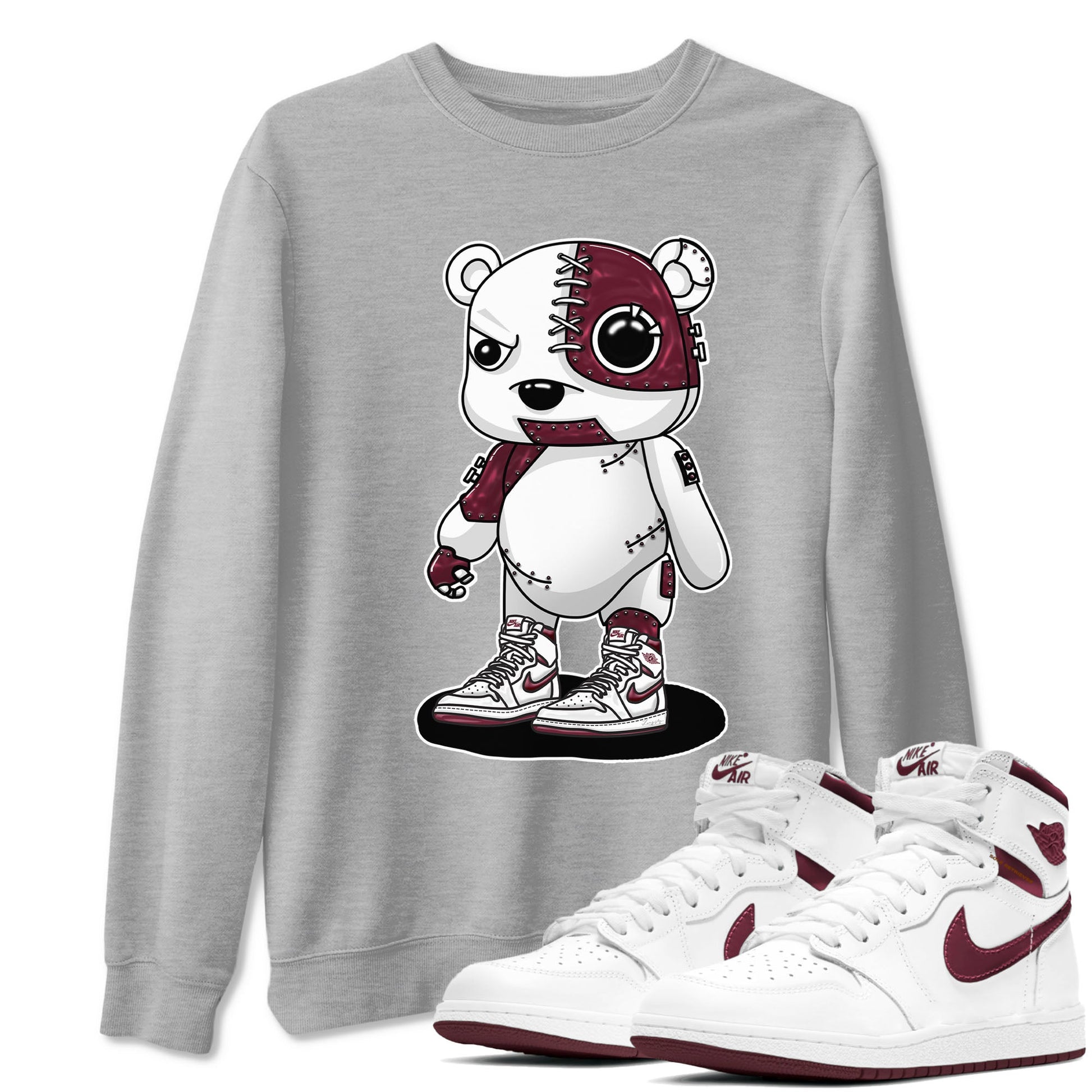 AJ1 Metalic Burgundy shirt to match jordans Cyborg Bear sneaker tees Air Jordan 1 Metalic Burgundy SNRT Sneaker Release Tees unisex cotton Heather Grey 1 crew neck shirt