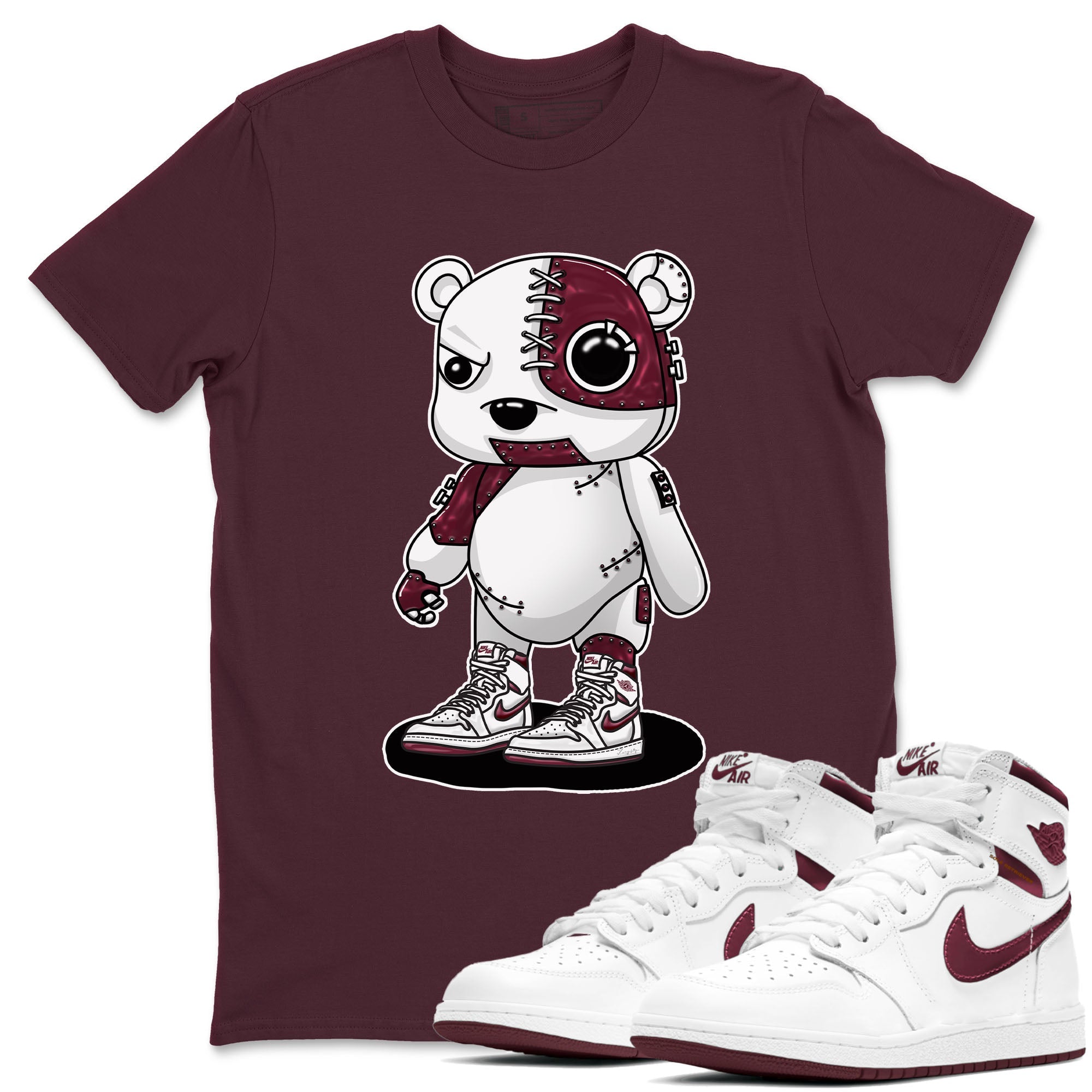 AJ1 Metalic Burgundy shirt to match jordans Cyborg Bear sneaker tees Air Jordan 1 Metalic Burgundy SNRT Sneaker Release Tees unisex cotton Maroon 1 crew neck shirt