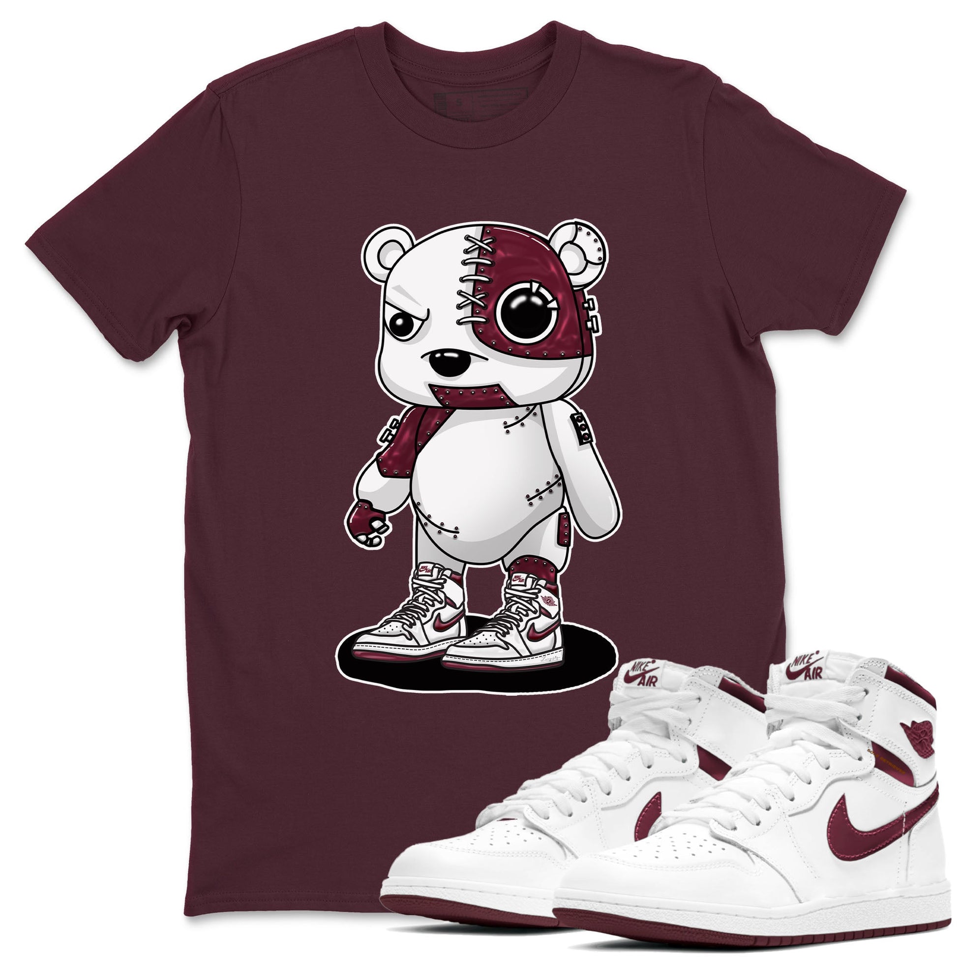 AJ1 Metalic Burgundy shirt to match jordans Cyborg Bear sneaker tees Air Jordan 1 Metalic Burgundy SNRT Sneaker Release Tees unisex cotton Maroon 1 crew neck shirt