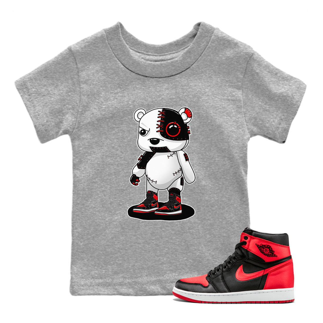 Air Jordan 1 Satin Bred shirt to match jordans Cyborg Bear sneaker tees AJ1 Retro Satin Bred SNRT Sneaker Tees Sneaker Matching Clothing Brand Baby Toddler Heather Grey 1 T-Shirt