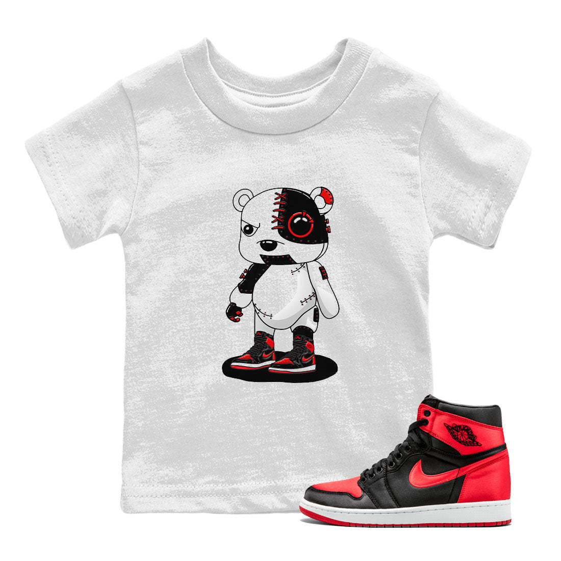 Air Jordan 1 Satin Bred shirt to match jordans Cyborg Bear sneaker tees AJ1 Retro Satin Bred SNRT Sneaker Tees Sneaker Matching Clothing Brand Baby Toddler White 1 T-Shirt