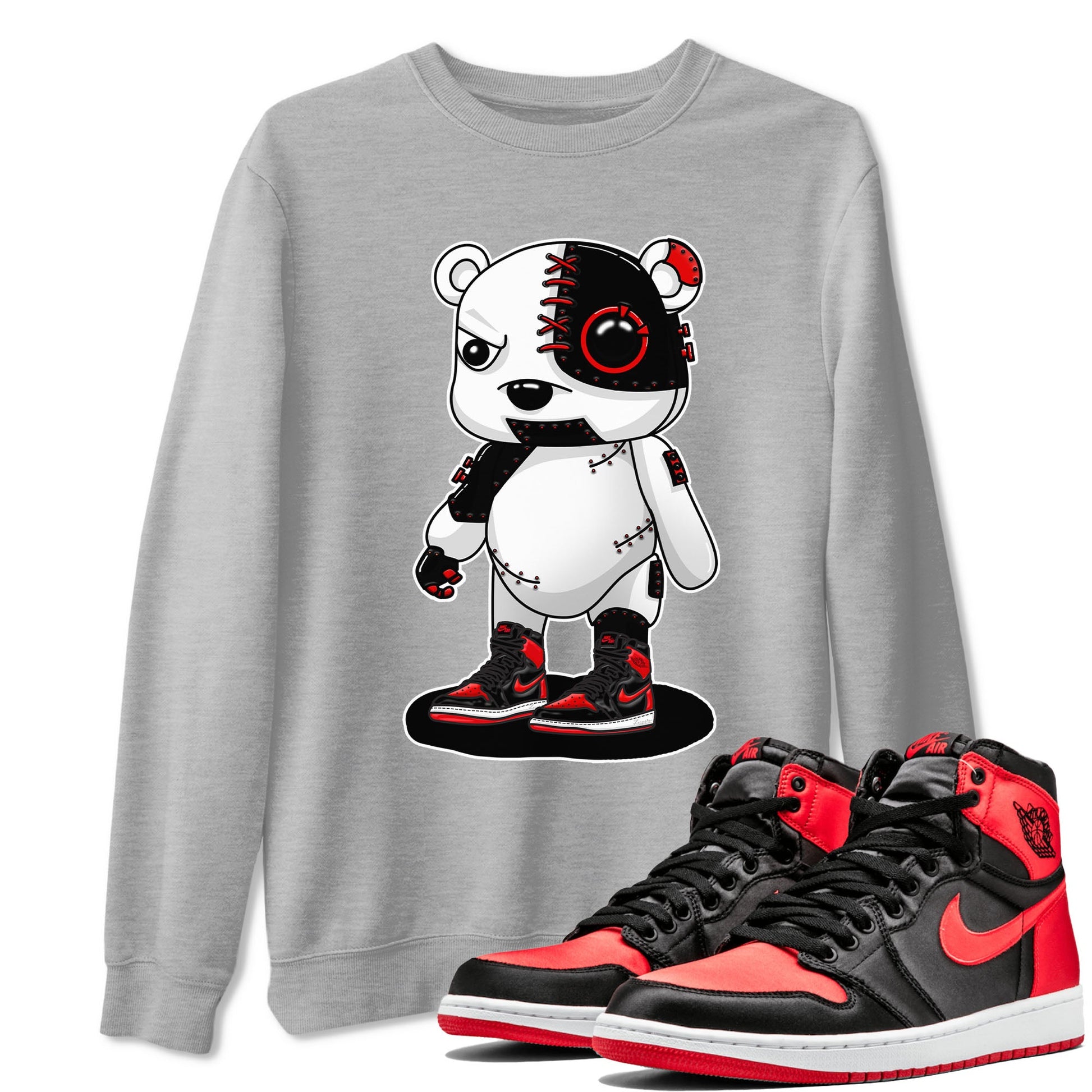 Air Jordan 1 Satin Bred shirt to match jordans Cyborg Bear sneaker tees AJ1 Retro Satin Bred SNRT Sneaker Tees Sneaker Matching Clothing Brand Unisex Sneaker Tee Heather Grey 1 T-Shirt