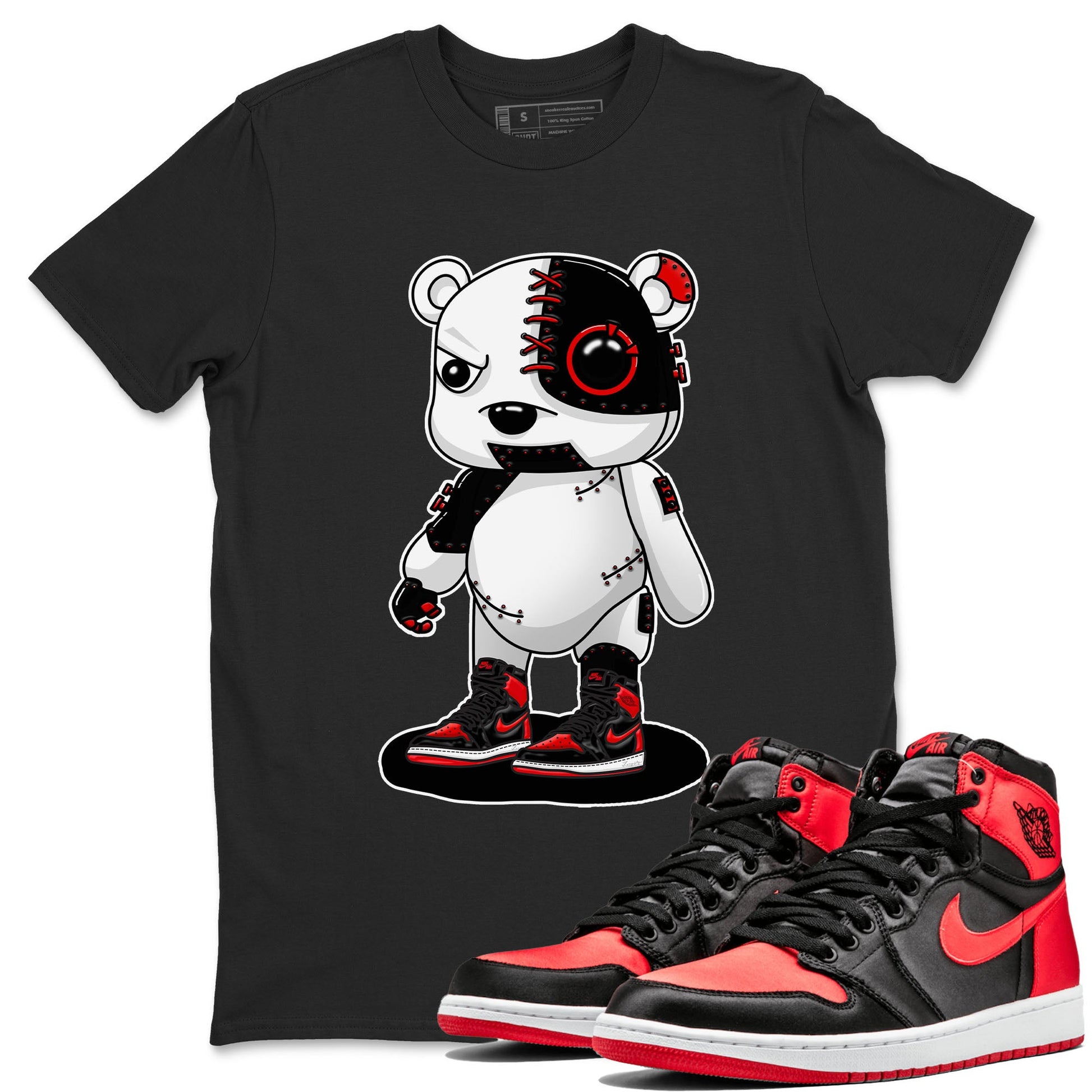 Air Jordan 1 Satin Bred shirt to match jordans Cyborg Bear sneaker tees AJ1 Retro Satin Bred SNRT Sneaker Tees Sneaker Matching Clothing Brand Unisex Sneaker Tee Black 1 T-Shirt