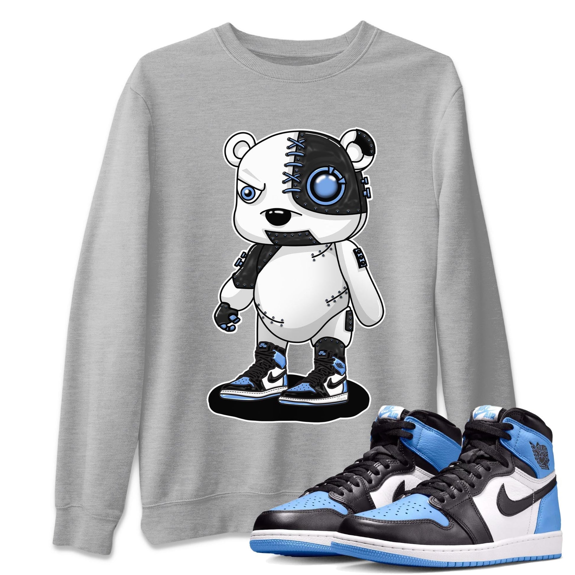 Air Jordan 1 Retro High OG University Blue shirt to match jordans Cyborg Bear sneaker tees Air Jordan 1 UNC Toe SNRT Sneaker Release Tees Unisex Heather Grey 1 T-Shirt