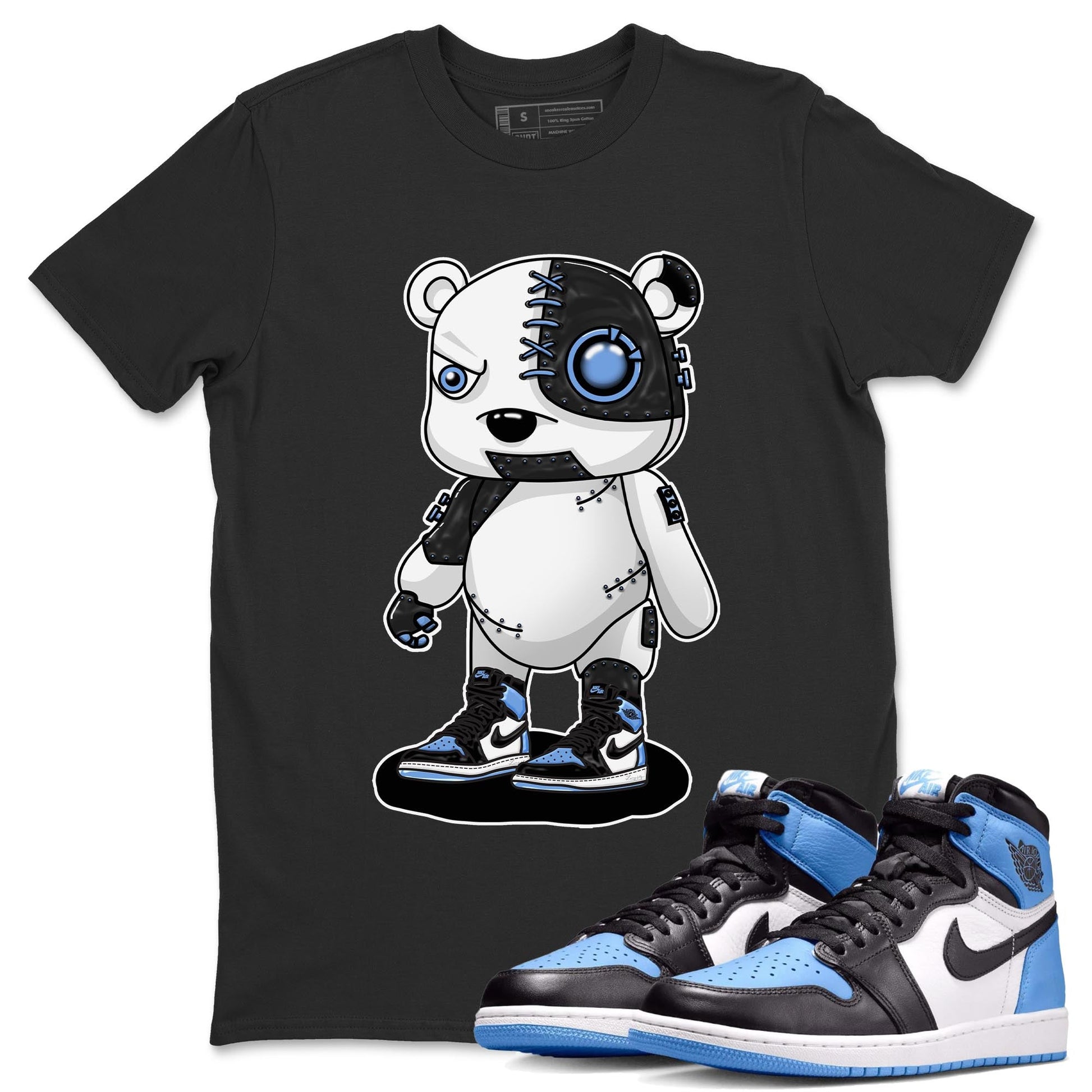 Air Jordan 1 Retro High OG University Blue shirt to match jordans Cyborg Bear sneaker tees Air Jordan 1 UNC Toe SNRT Sneaker Release Tees Unisex Black 1 T-Shirt