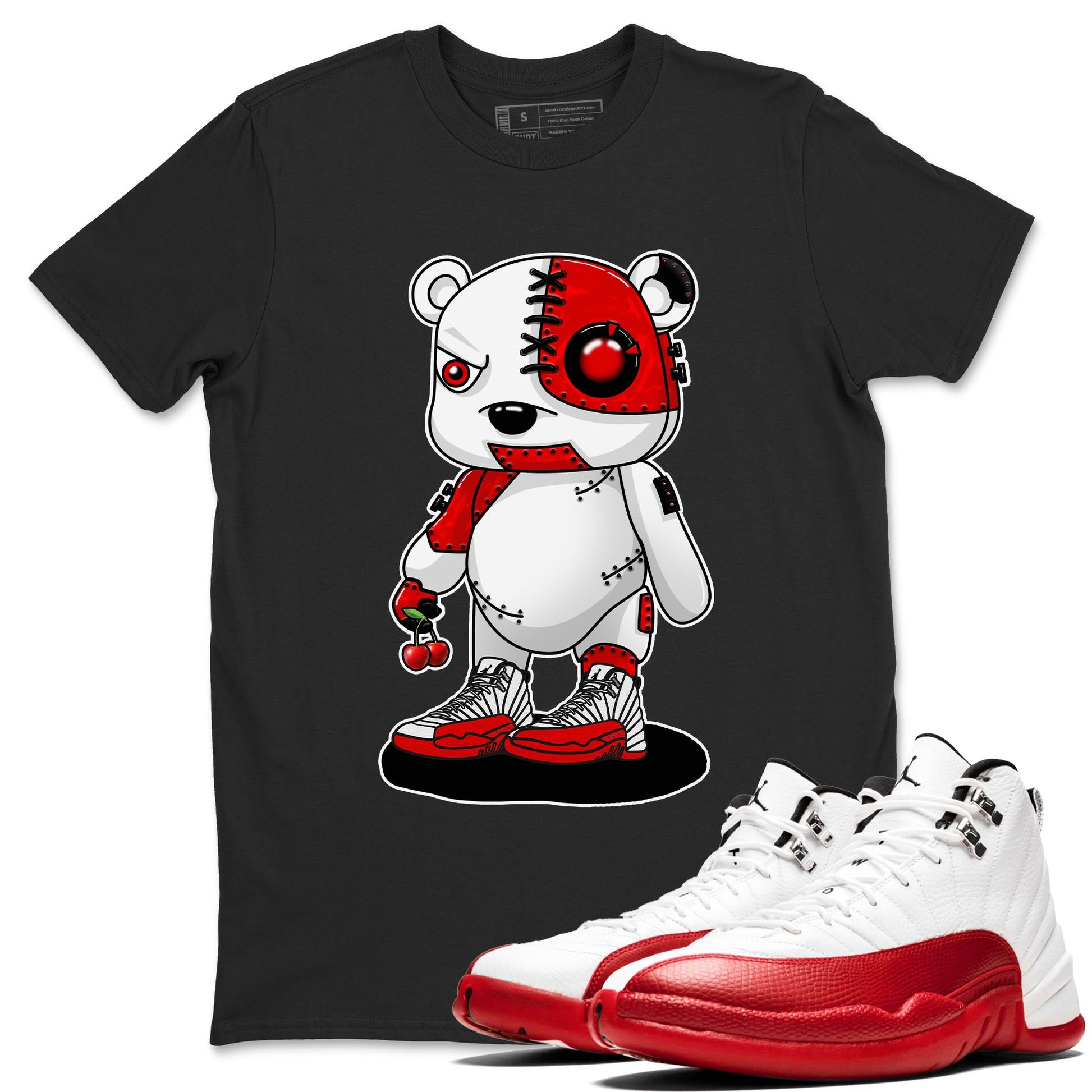 Jordan 12 Retro Cherry shirt to match jordans Varsity Red Cyborg Bear special sneaker matching tees 12s Cherry SNRT sneaker tees Unisex Black 1 T-Shirt
