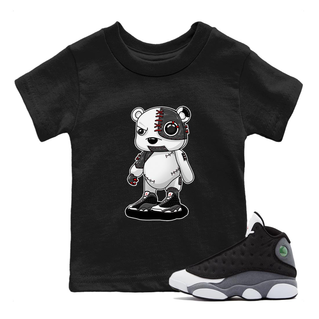 Air Jordan 13 Black Flint Sneaker Match Tees Cyborg Bear Sneaker Tees AJ 13s Black Flint Sneaker Release Tees Kids Shirts Black 1