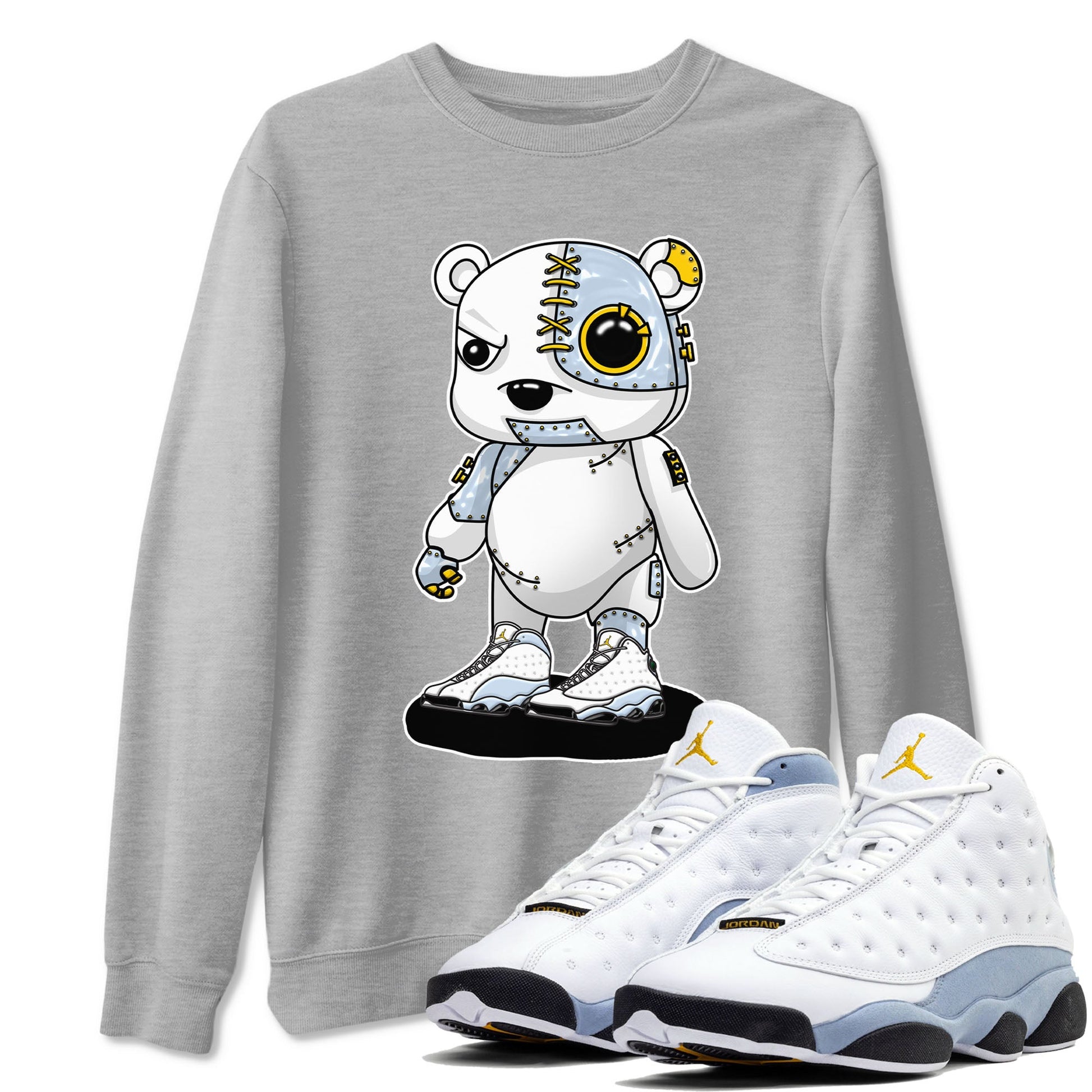 13s Blue Grey shirt to match jordans Cyborg Bear sneaker tees Air Jordan 13 Blue Grey SNRT Sneaker Release Tees unisex cotton Heather Grey 1 crew neck shirt