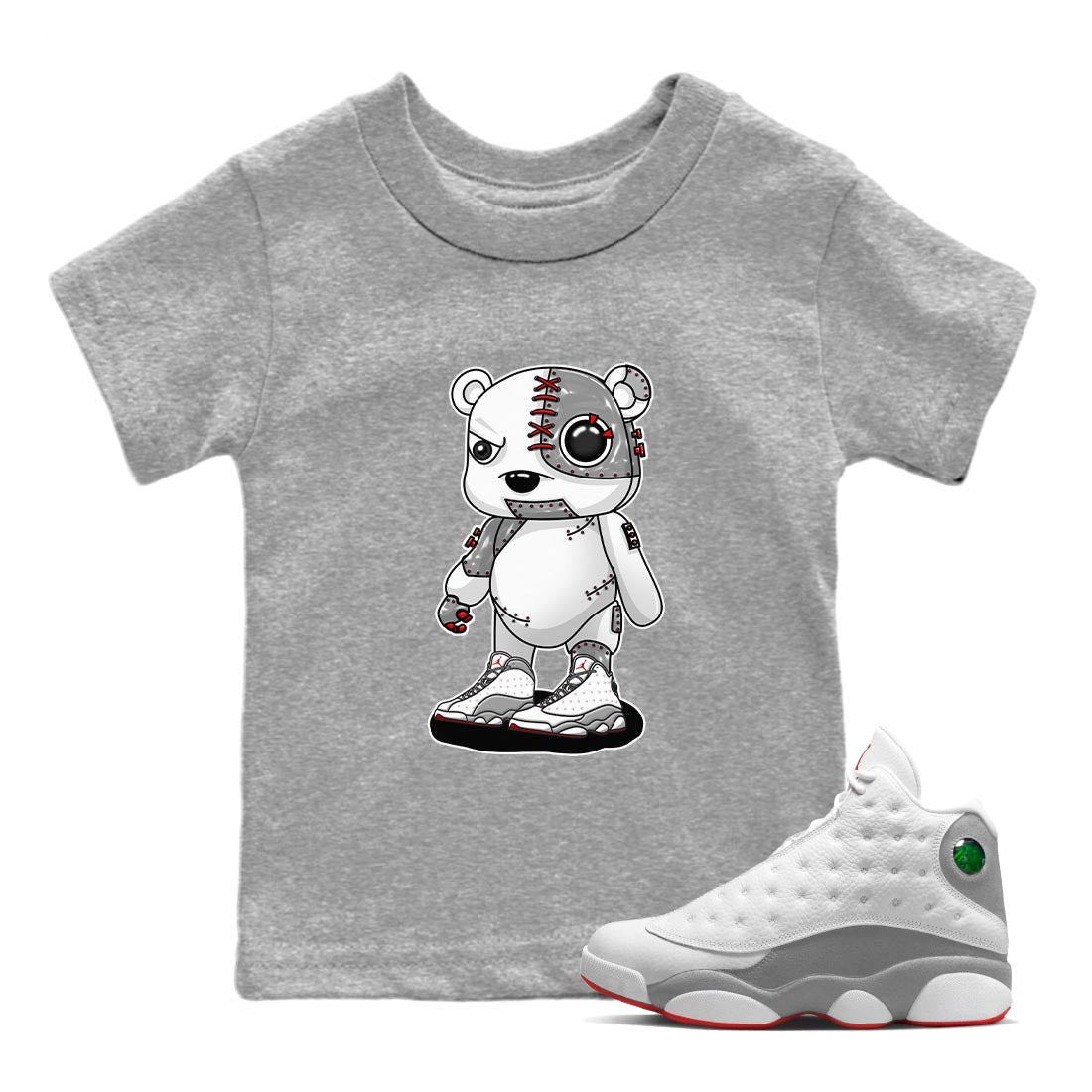 AJ13 Wolf Grey Sneaker Match Tees Cyborg Bear Sneaker Tees Air Jordan 13 Wolf Grey SNRT Sneaker Release Tees Kids Shirts Heather Grey 1