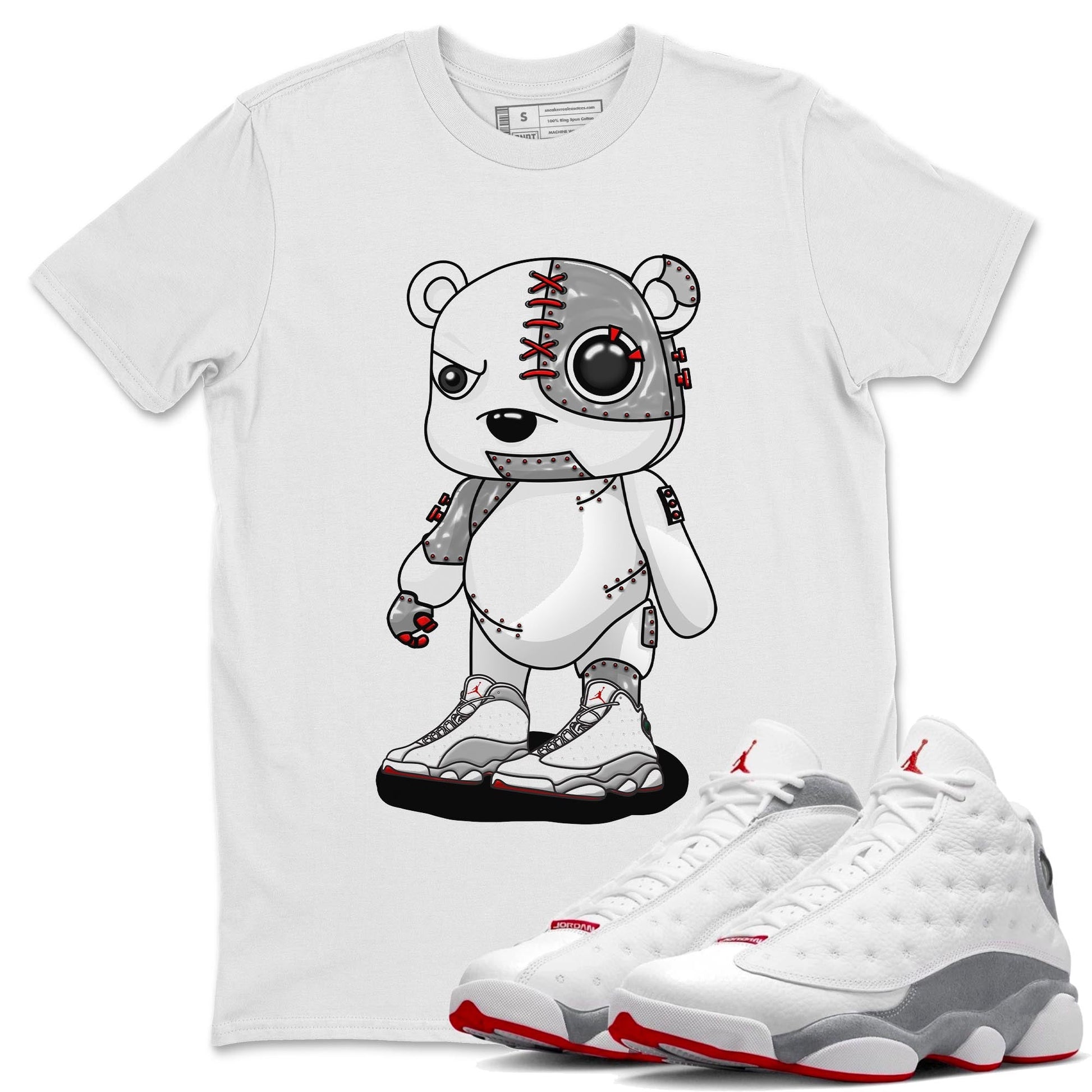 AJ13 Wolf Grey Sneaker Match Tees Cyborg Bear Sneaker Tees Air Jordan 13 Wolf Grey SNRT Sneaker Release Tees Unisex Shirts White 1