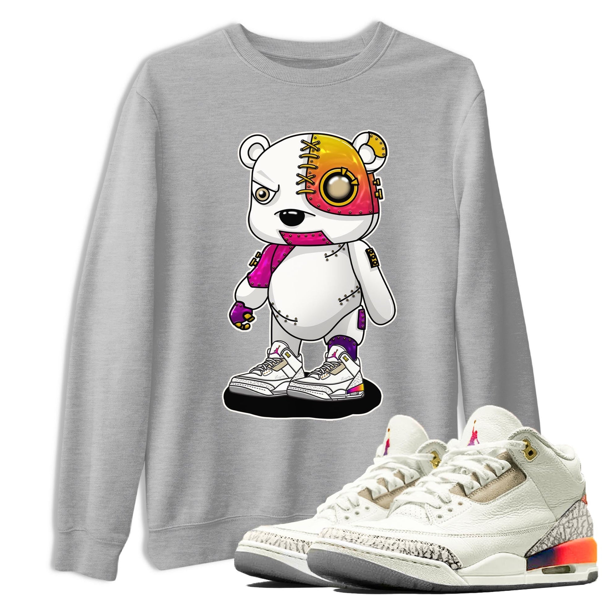 Air Jordan 3 J Balvin shirt to match jordans Cyborg Bear sneaker tees Crew Neck Air Jordan 3 X J Balvin SNRT Sneaker Release Tees Unisex Casual Shirts Heather Grey 1 T-Shirt