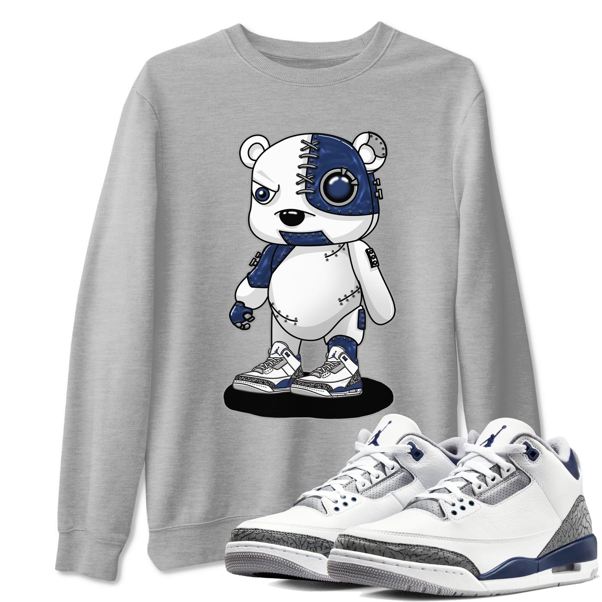 Air Jordan 3 Retro Midnight Navy shirt to match jordans Cyborg Bear sneaker shirt 3s Midnight Navy SNRT sneaker tees unisex crew neck cotton Heather Grey 1 crew neck shirt