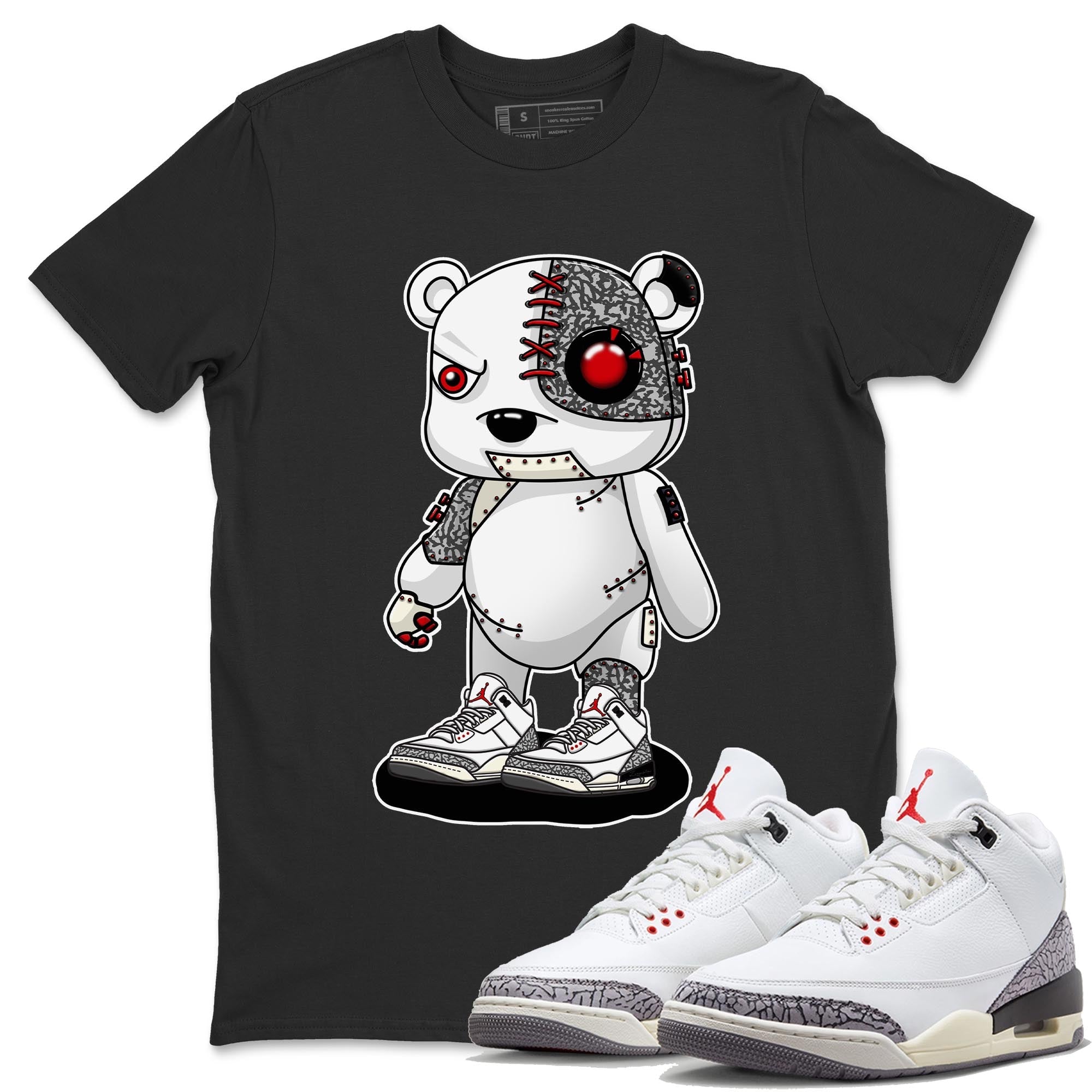 Air Jordan 3 White Cement Sneaker Match Tees Cyborg Bear Sneaker Tees AJ 3s White Cement Sneaker Release Tees Unisex Shirts Black 1