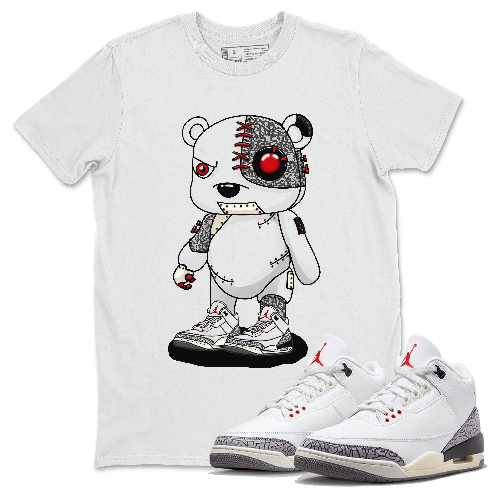 Air Jordan 3 White Cement Sneaker Match Tees Cyborg Bear Sneaker Tees AJ 3s White Cement Sneaker Release Tees Unisex Shirts White 1