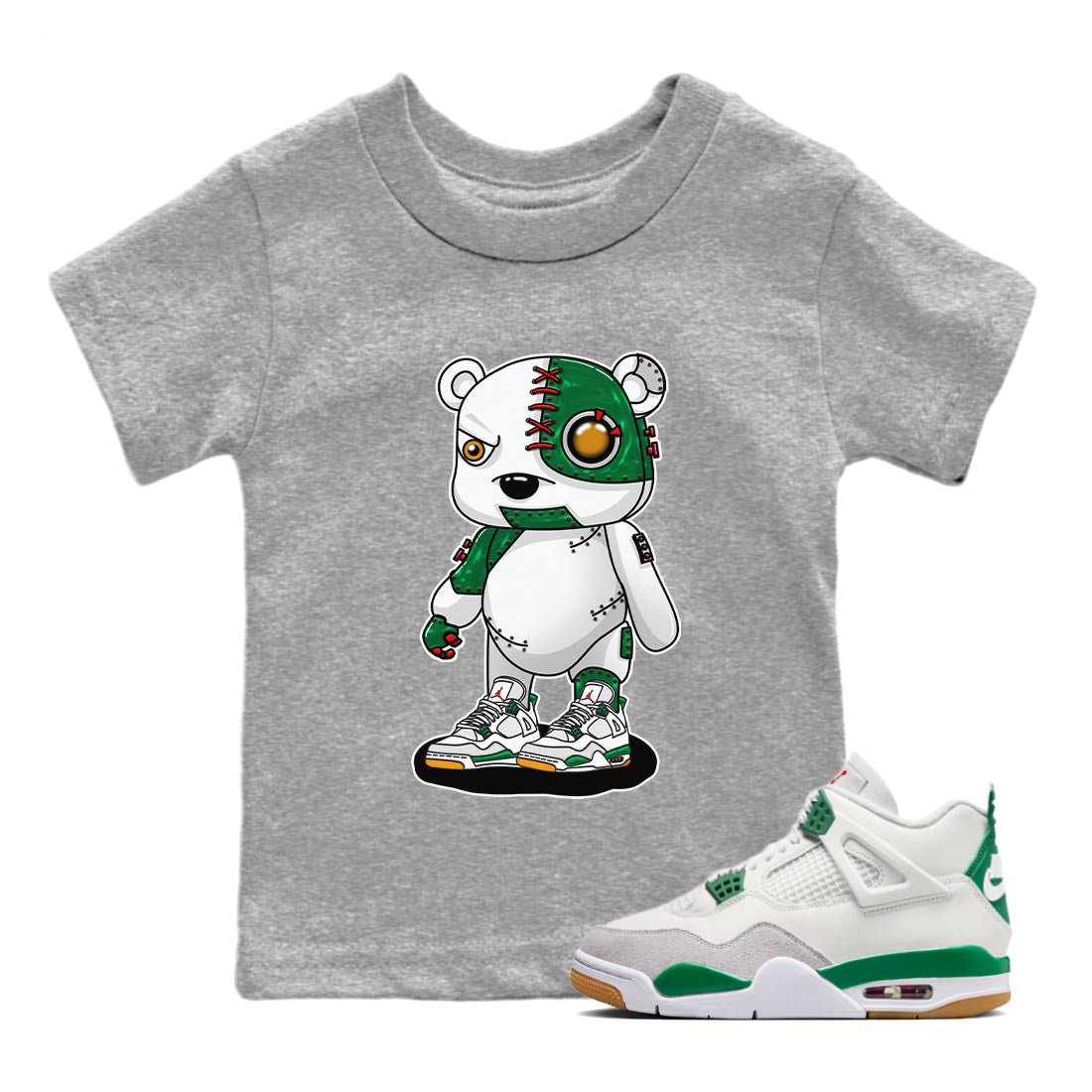 Air Jordan 4 Pine Green Sneaker Match Tees Cyborg Bear Sneaker Tees AJ 4s Pine Green Sneaker Release Tees Kids Shirts Heather Grey 1