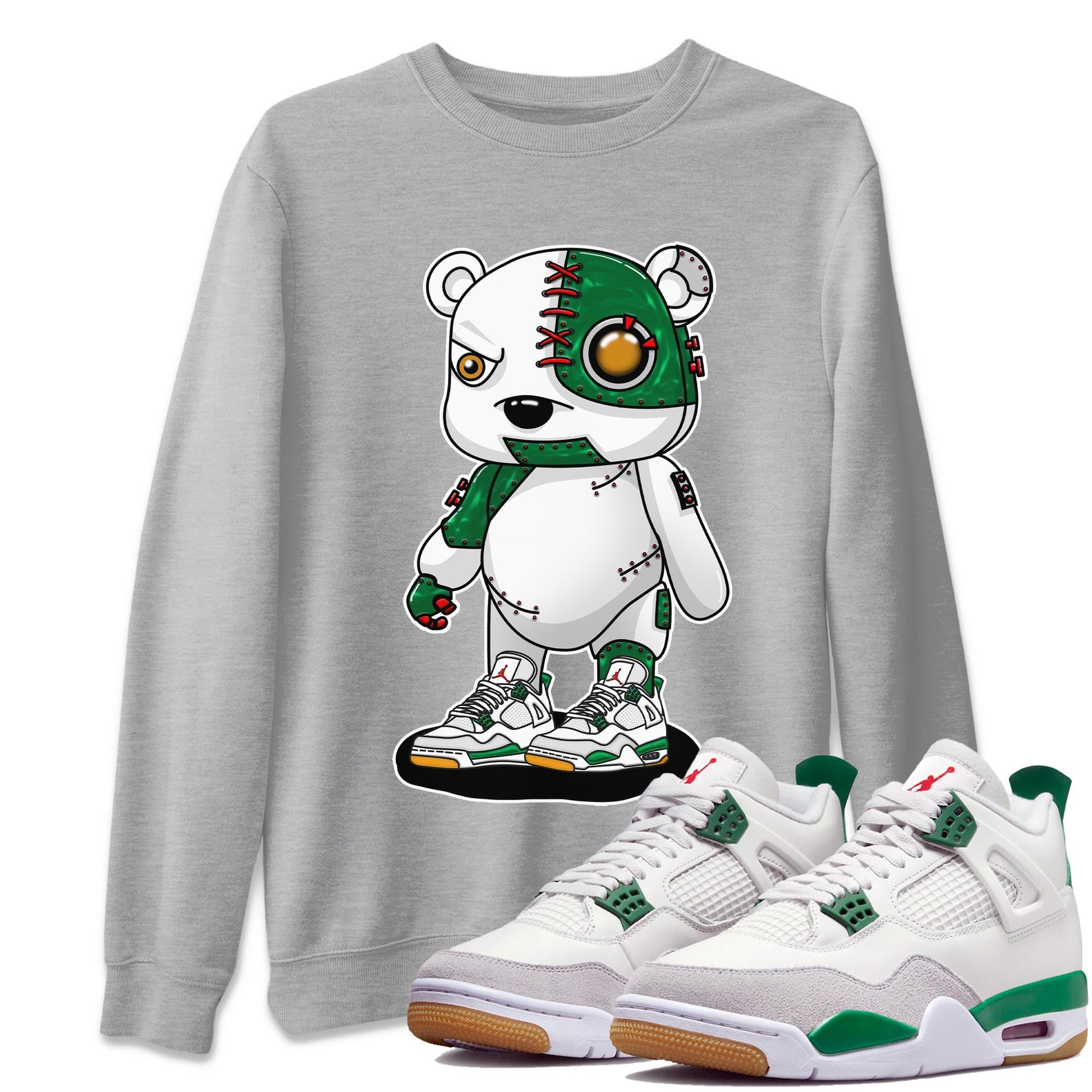 Air Jordan 4 Pine Green Sneaker Match Tees Cyborg Bear Sneaker Tees AJ 4s Pine Green Sneaker Release Tees Unisex Shirts Heather Grey 1