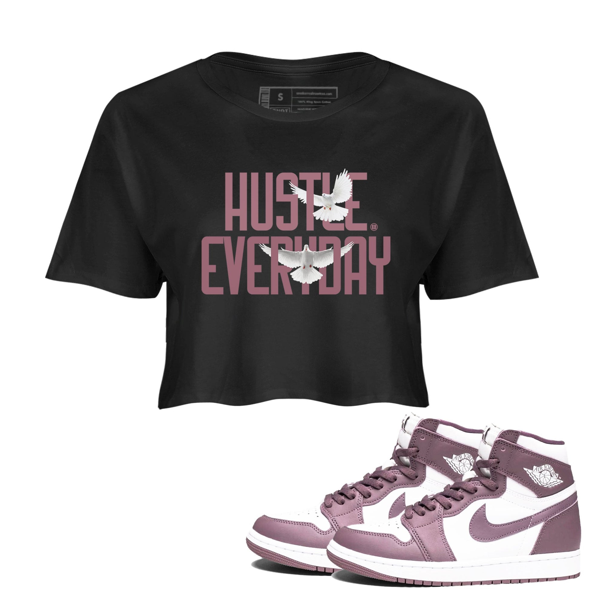 Air Jordan 1 High OG WMNS Mauve shirt to match jordans Daily Hustle sneaker tees Air Jordan 1 Mauve SNRT Sneaker Release Tees Black 1 Crop T-Shirt