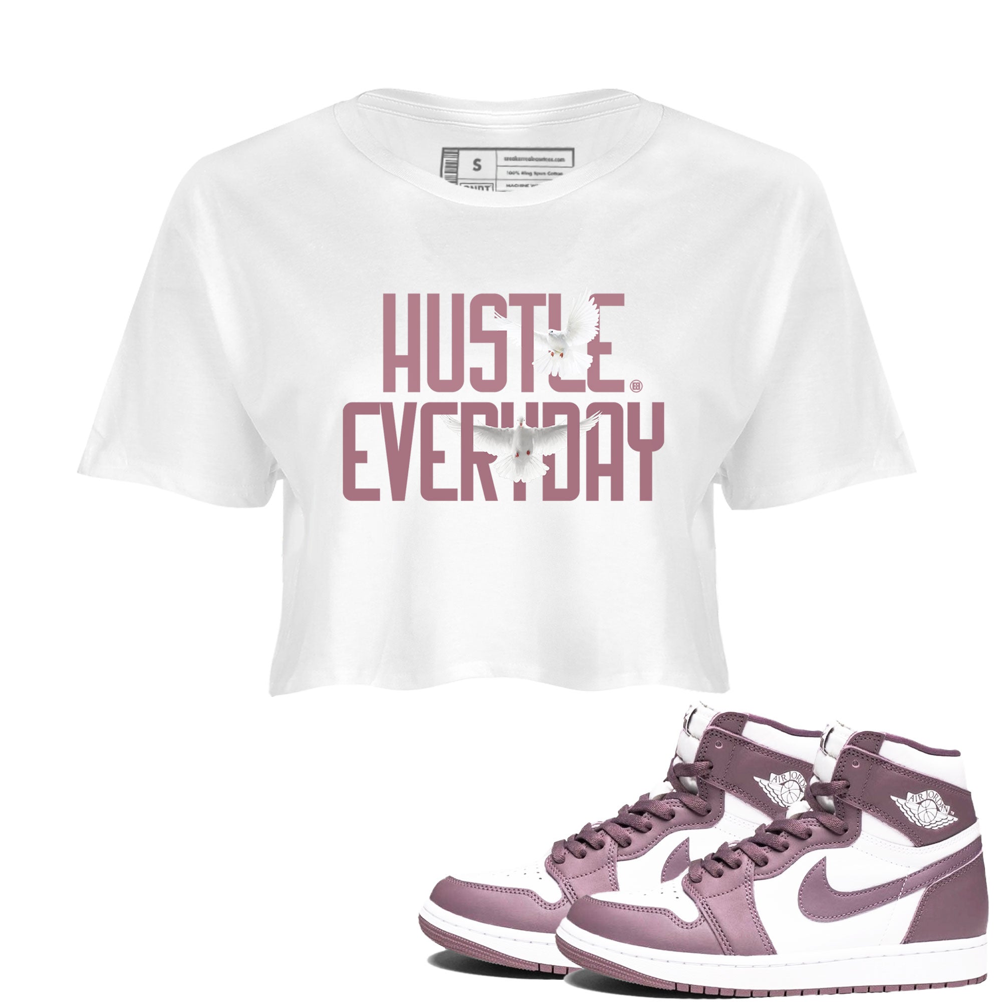Air Jordan 1 High OG WMNS Mauve shirt to match jordans Daily Hustle sneaker tees Air Jordan 1 Mauve SNRT Sneaker Release Tees White 1 Crop T-Shirt