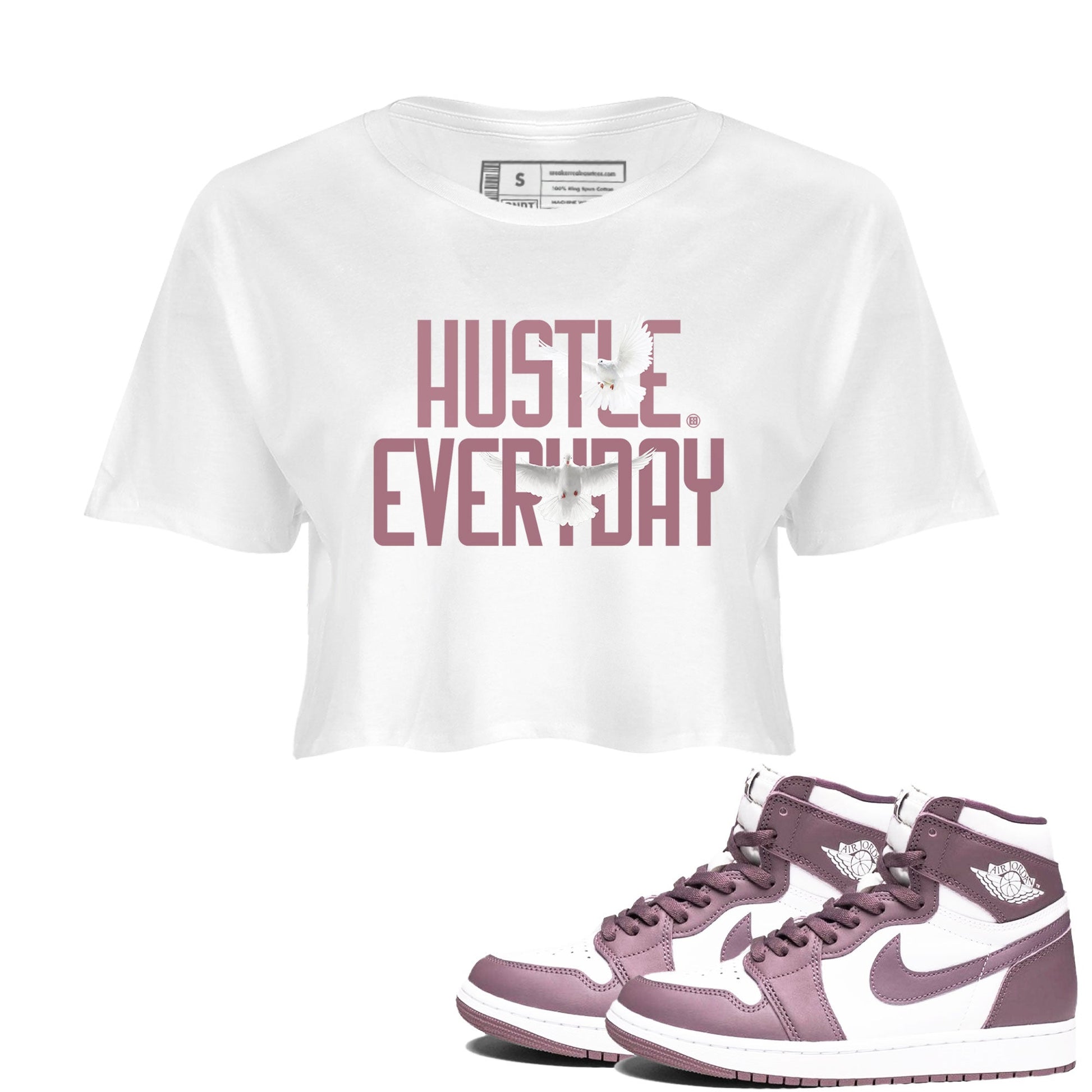 Air Jordan 1 High OG WMNS Mauve shirt to match jordans Daily Hustle sneaker tees Air Jordan 1 Mauve SNRT Sneaker Release Tees White 1 Crop T-Shirt
