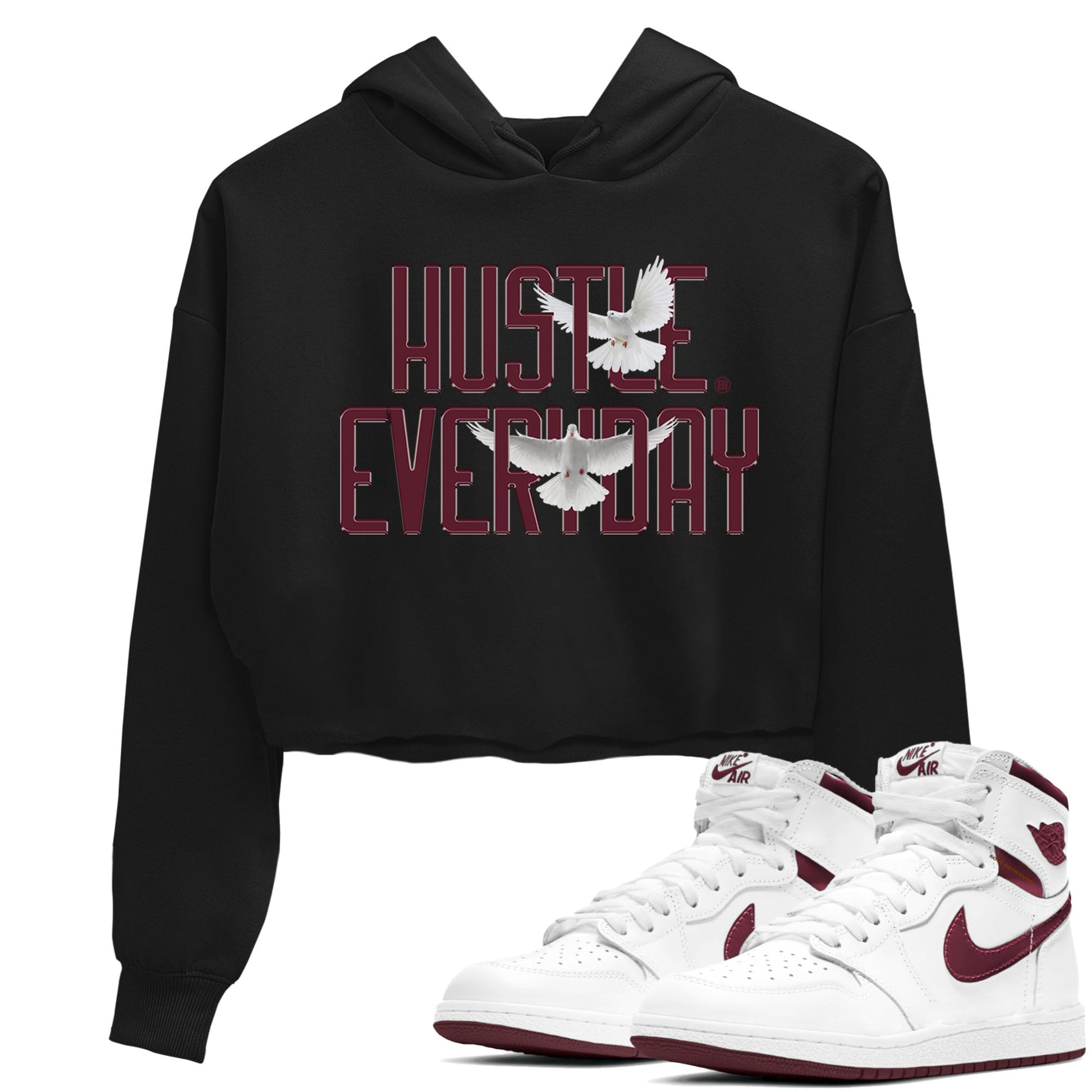 AJ1 Metallic Burgundy shirt to match jordans Daily Hustle sneaker tees streetwear brand Air Jordan 1 Metallic Burgundy SNRT Sneaker Release Tees Black 1 crop length shirt