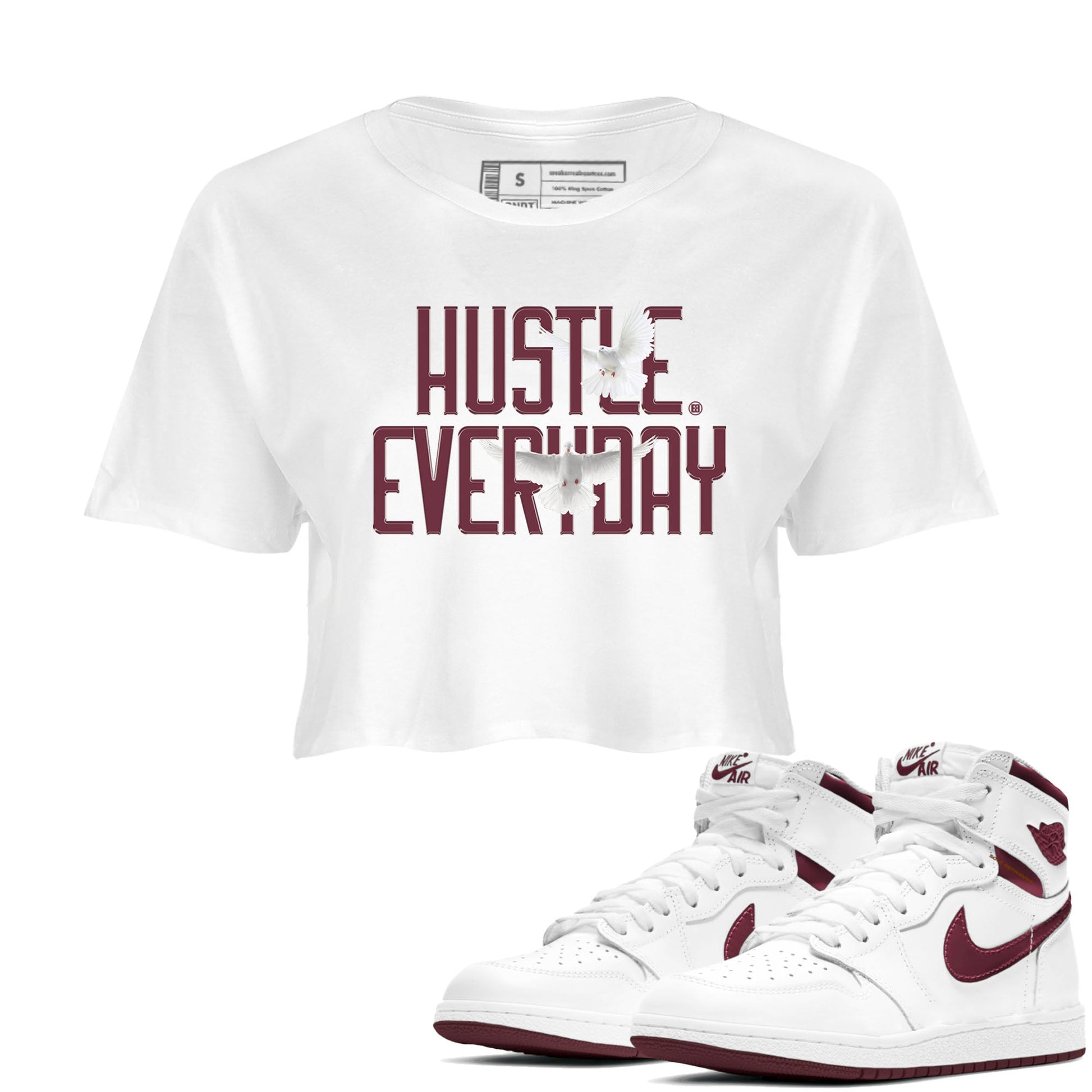 AJ1 Metallic Burgundy shirt to match jordans Daily Hustle sneaker tees streetwear brand Air Jordan 1 Metallic Burgundy SNRT Sneaker Release Tees White 1 crop length shirt