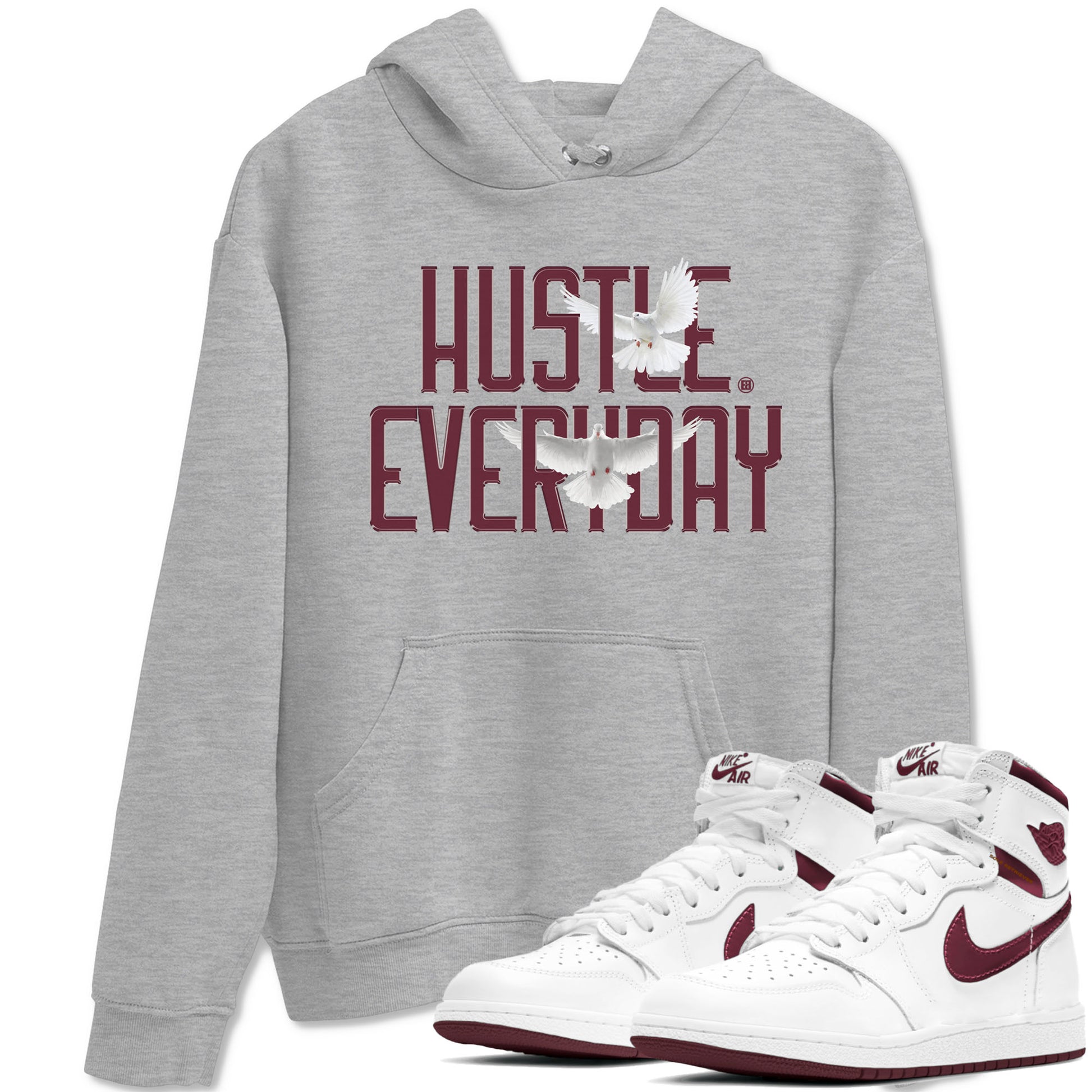 AJ1 Metallic Burgundy shirt to match jordans Daily Hustle sneaker tees streetwear brand Air Jordan 1 Metallic Burgundy SNRT Sneaker Release Tees unisex cotton Heather Grey 1 crew neck shirt