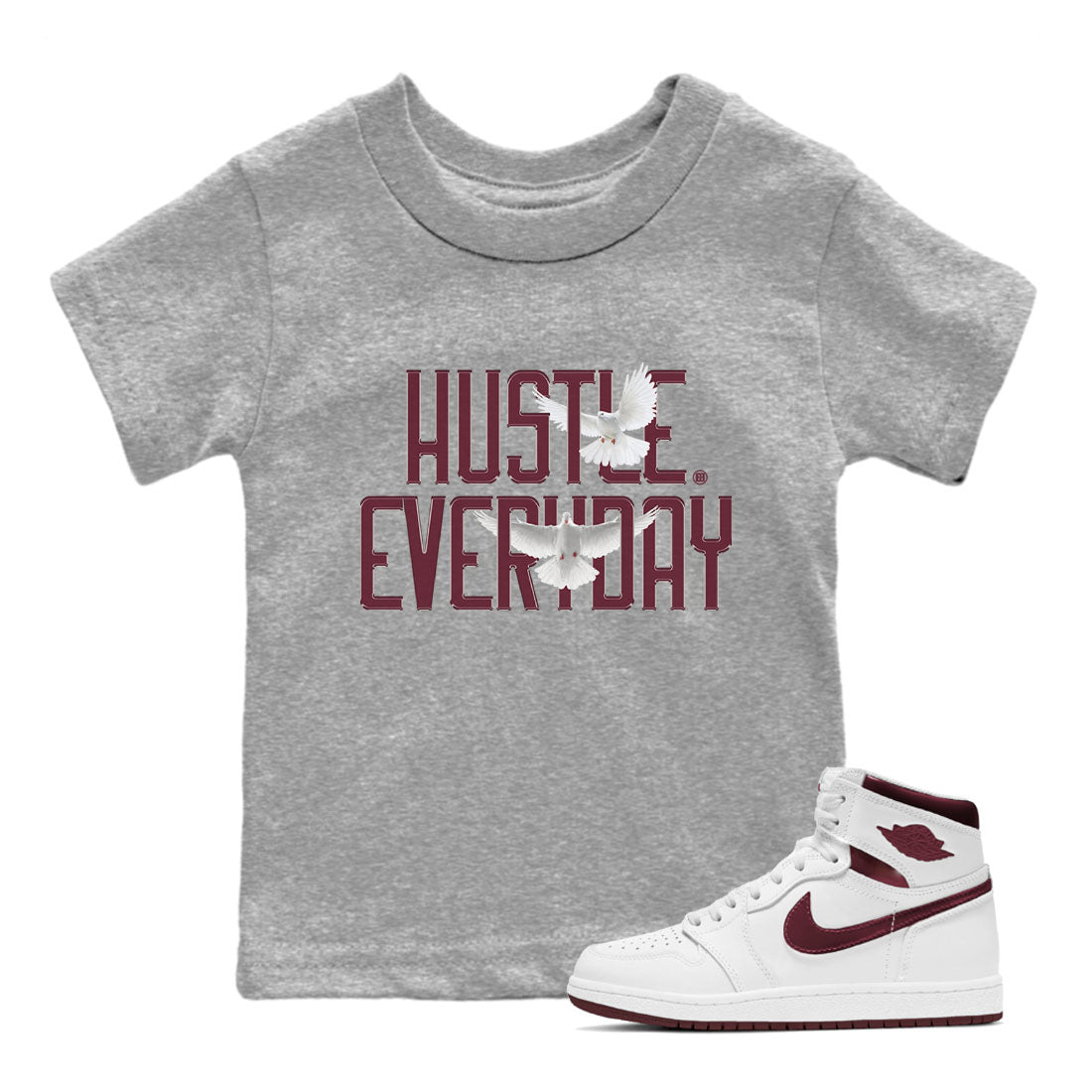 AJ1 Metallic Burgundy shirt to match jordans Daily Hustle sneaker tees streetwear brand Air Jordan 1 Metallic Burgundy SNRT sneaker release tees baby toddler Heather Grey 1 cotton Shirt