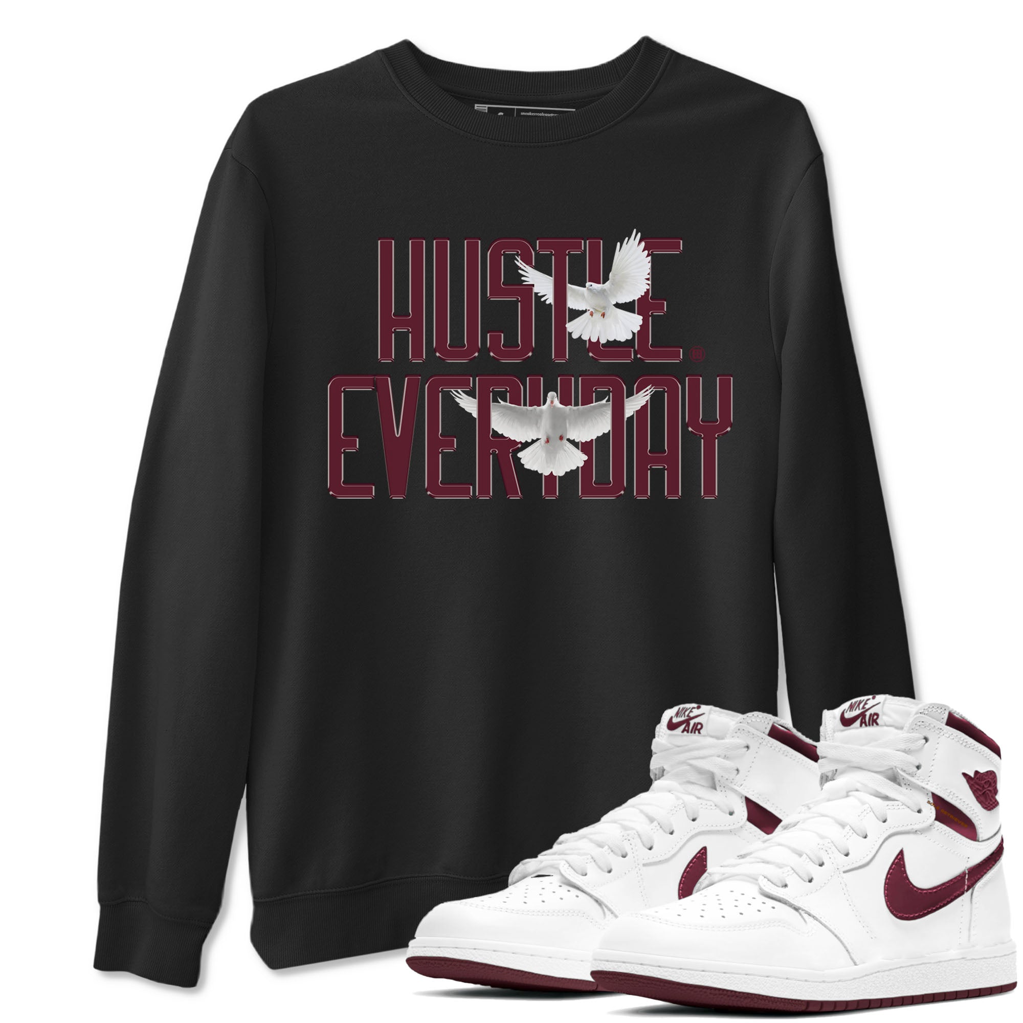 AJ1 Metallic Burgundy shirt to match jordans Daily Hustle sneaker tees streetwear brand Air Jordan 1 Metallic Burgundy SNRT Sneaker Release Tees unisex cotton Black 1 crew neck shirt