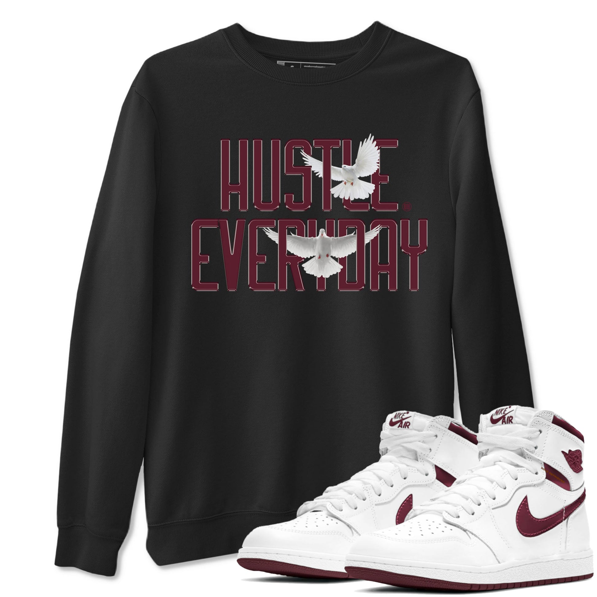 AJ1 Metallic Burgundy shirt to match jordans Daily Hustle sneaker tees streetwear brand Air Jordan 1 Metallic Burgundy SNRT Sneaker Release Tees unisex cotton Black 1 crew neck shirt