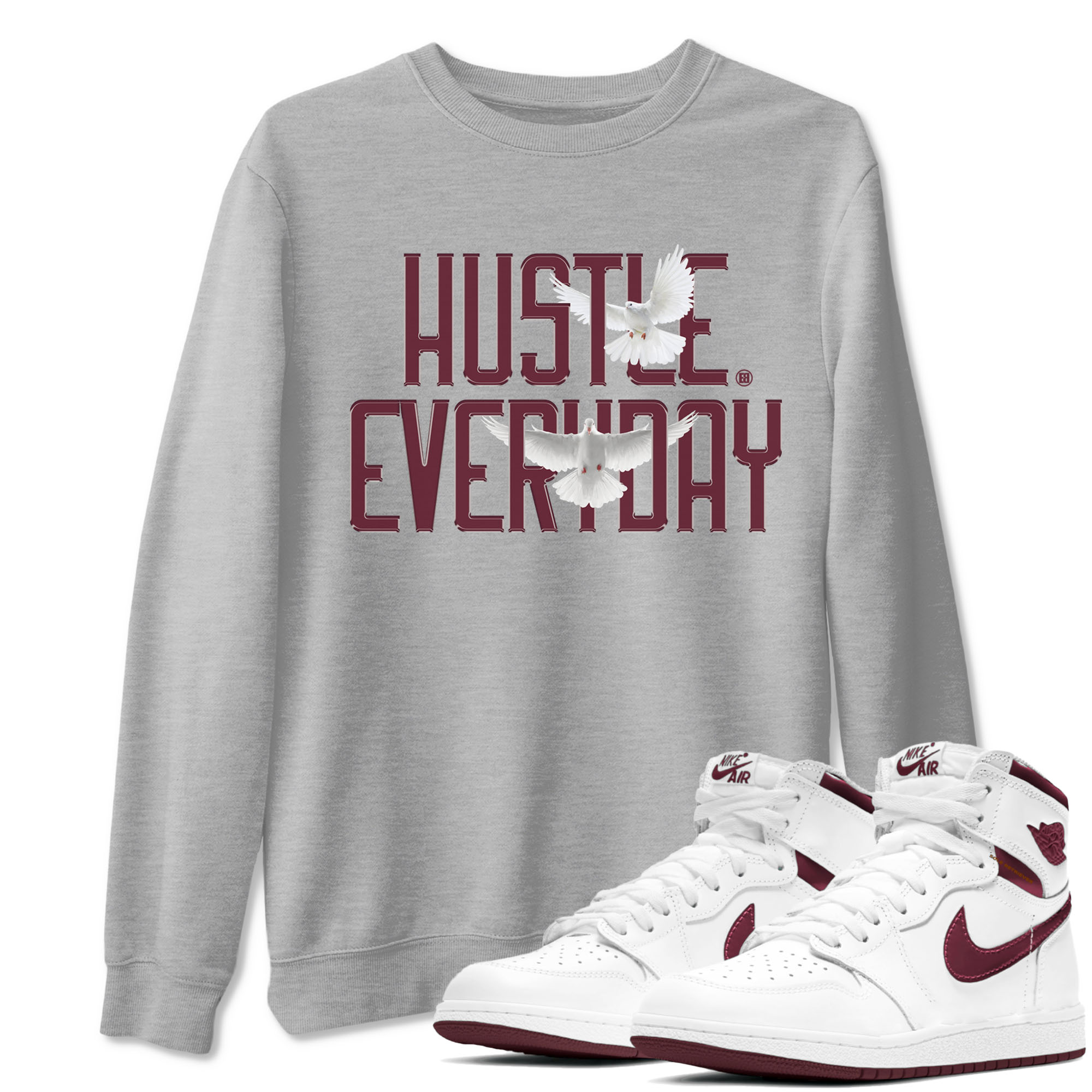 AJ1 Metallic Burgundy shirt to match jordans Daily Hustle sneaker tees streetwear brand Air Jordan 1 Metallic Burgundy SNRT Sneaker Release Tees unisex cotton Heather Grey 1 crew neck shirt