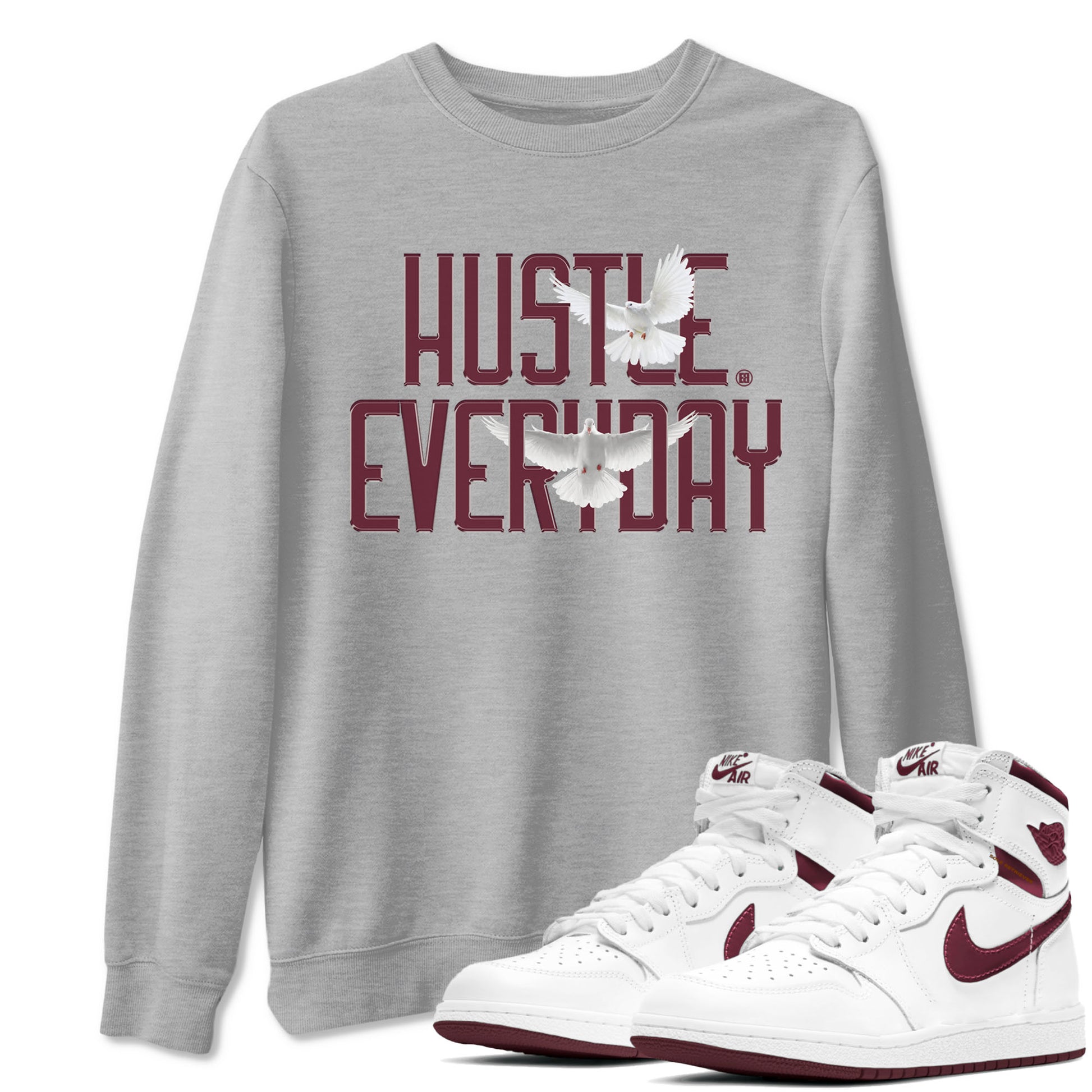 AJ1 Metallic Burgundy shirt to match jordans Daily Hustle sneaker tees streetwear brand Air Jordan 1 Metallic Burgundy SNRT Sneaker Release Tees unisex cotton Heather Grey 1 crew neck shirt