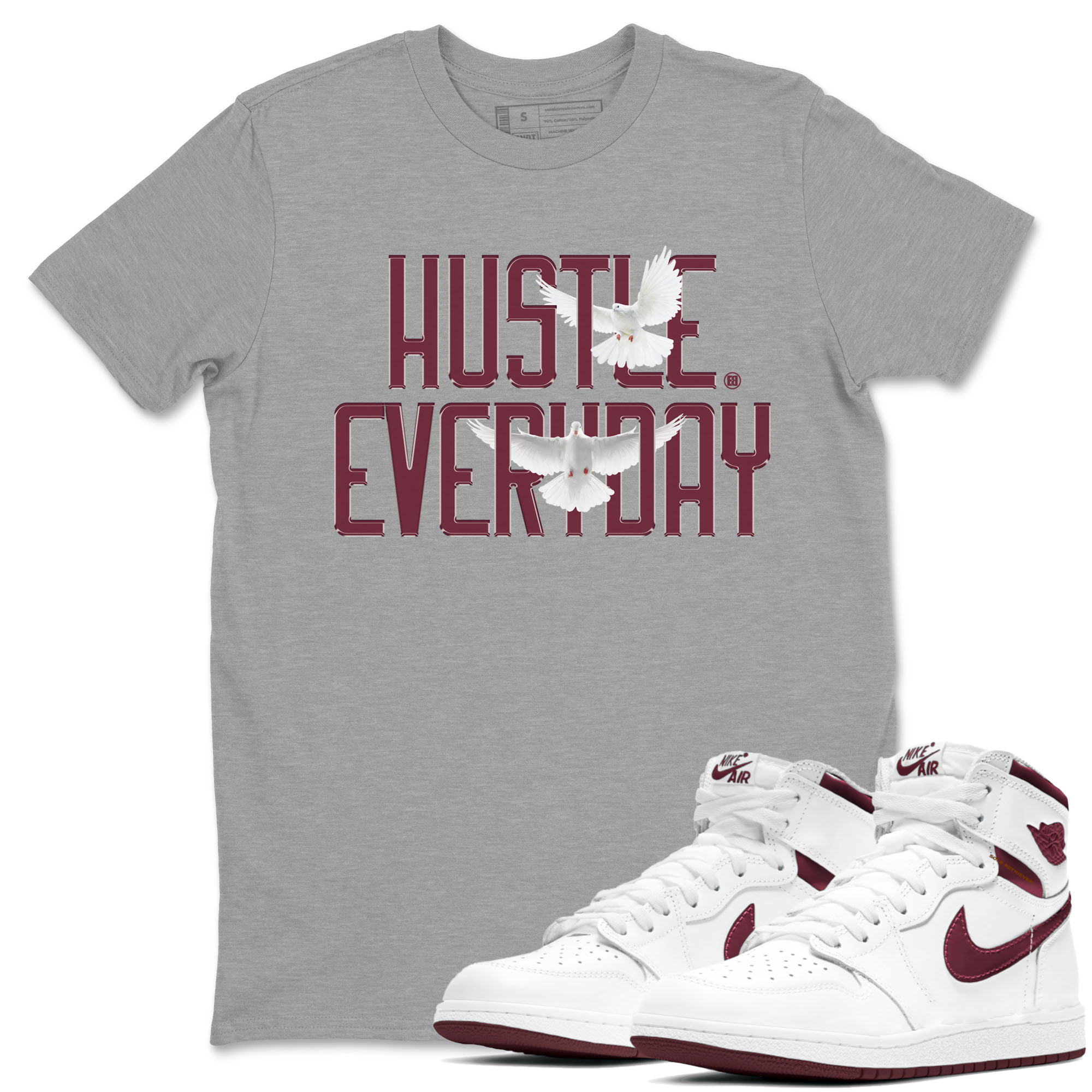 AJ1 Metallic Burgundy shirt to match jordans Daily Hustle sneaker tees streetwear brand Air Jordan 1 Metallic Burgundy SNRT Sneaker Release Tees unisex cotton Heather Grey 1 crew neck shirt