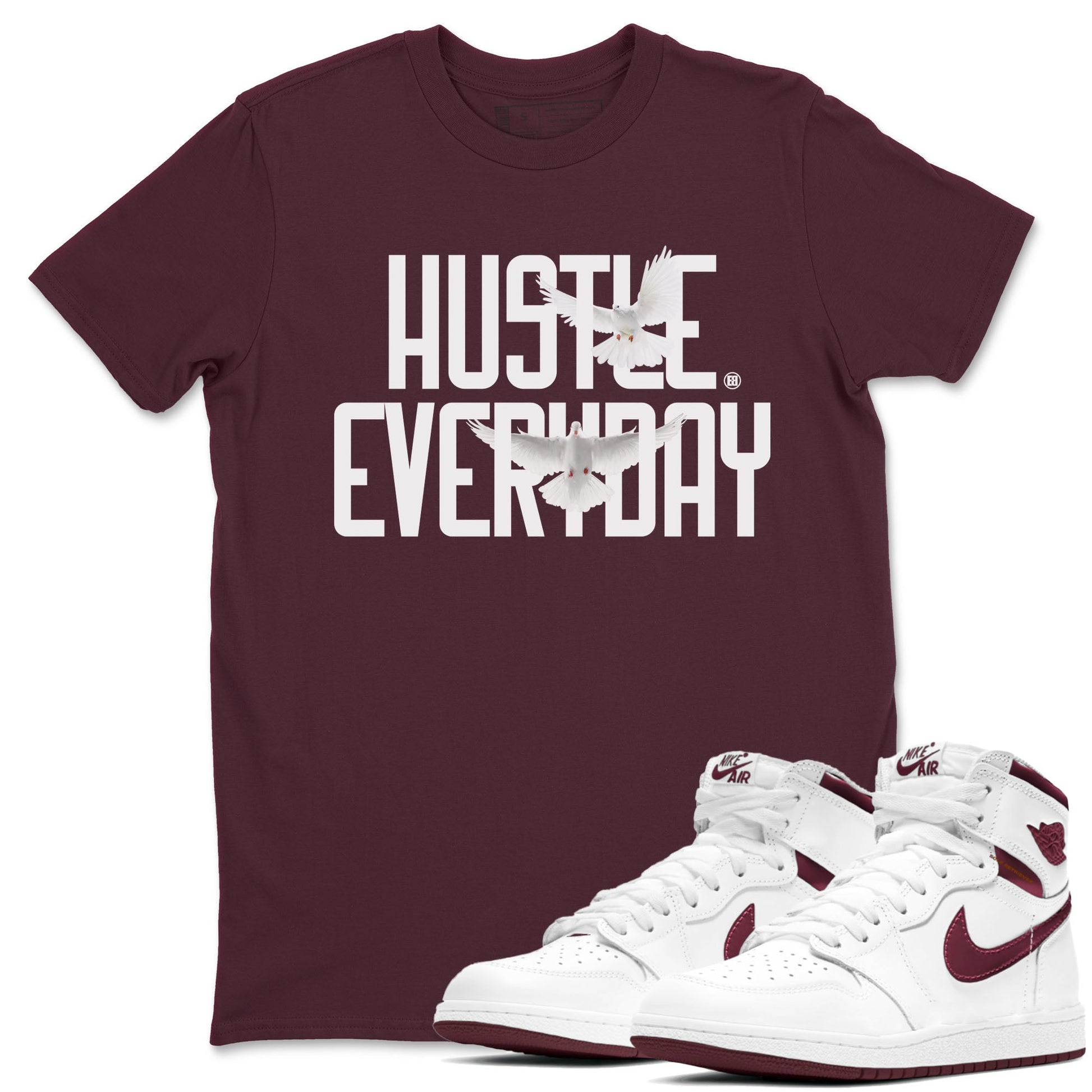AJ1 Metallic Burgundy shirt to match jordans Daily Hustle sneaker tees streetwear brand Air Jordan 1 Metallic Burgundy SNRT Sneaker Release Tees unisex cotton Maroon 1 crew neck shirt