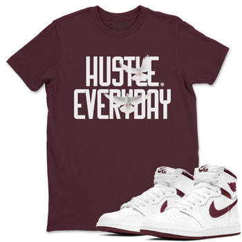 AJ1 Metallic Burgundy shirt to match jordans Daily Hustle sneaker tees streetwear brand Air Jordan 1 Metallic Burgundy SNRT Sneaker Release Tees unisex cotton Maroon 1 crew neck shirt