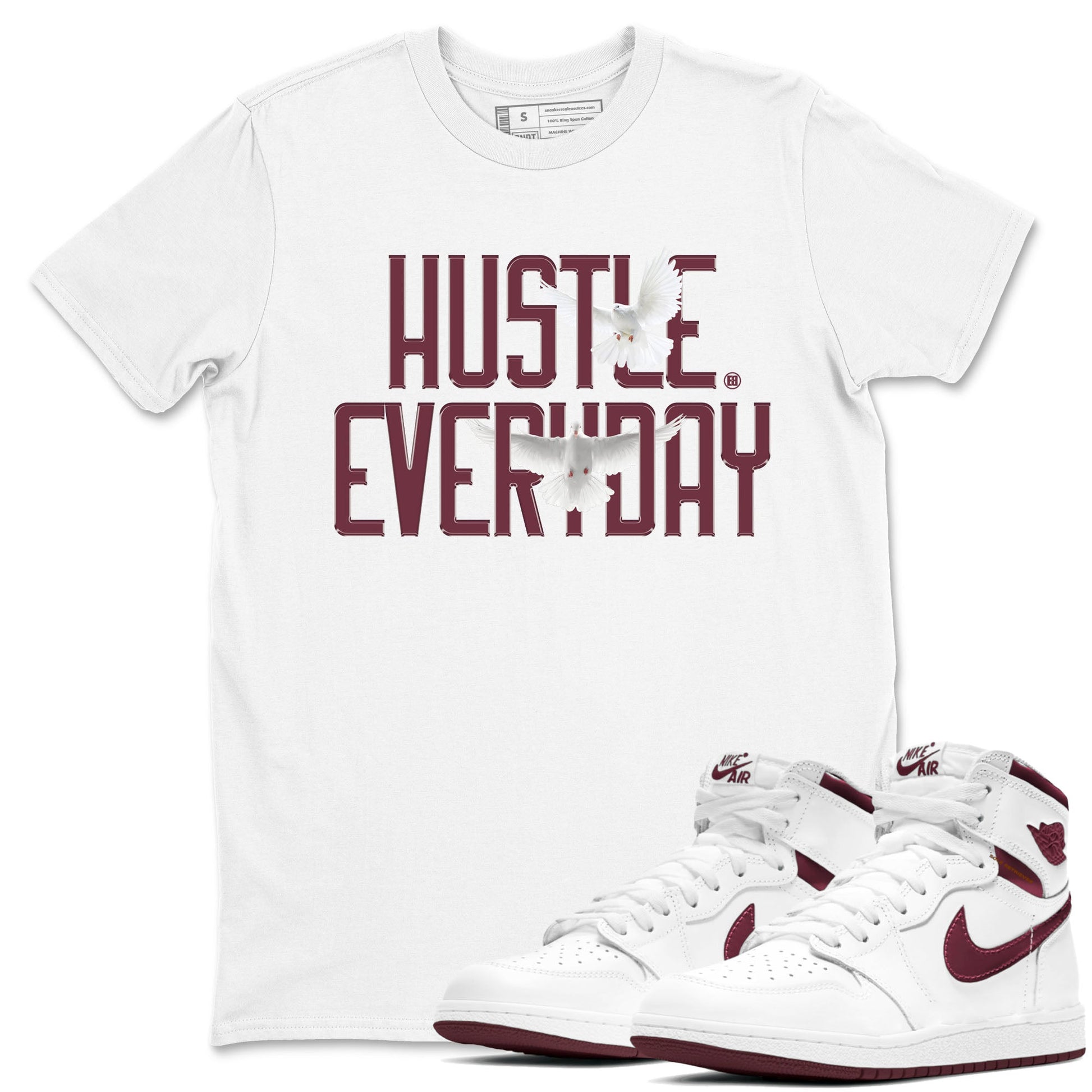 AJ1 Metallic Burgundy shirt to match jordans Daily Hustle sneaker tees streetwear brand Air Jordan 1 Metallic Burgundy SNRT Sneaker Release Tees unisex cotton White 1 crew neck shirt