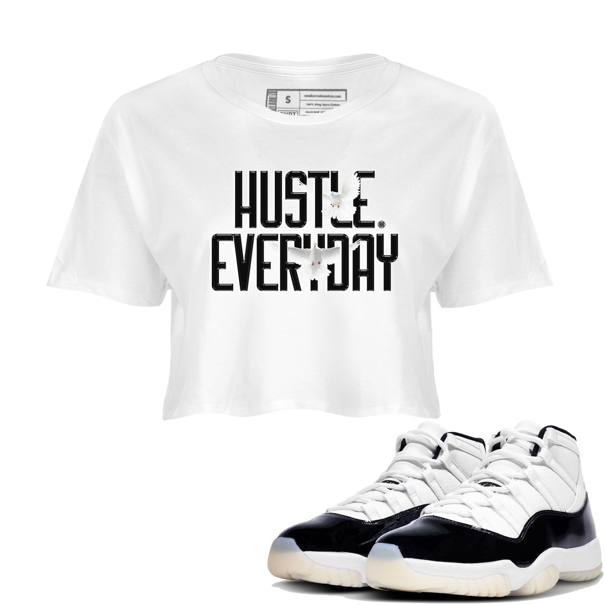 AJ11 Gratitude sneaker shirt to match jordans Daily Hustle sneaker tees Air Jordan 11 Gratitude SNRT Sneaker Release Tees White 1 Crop T-Shirt