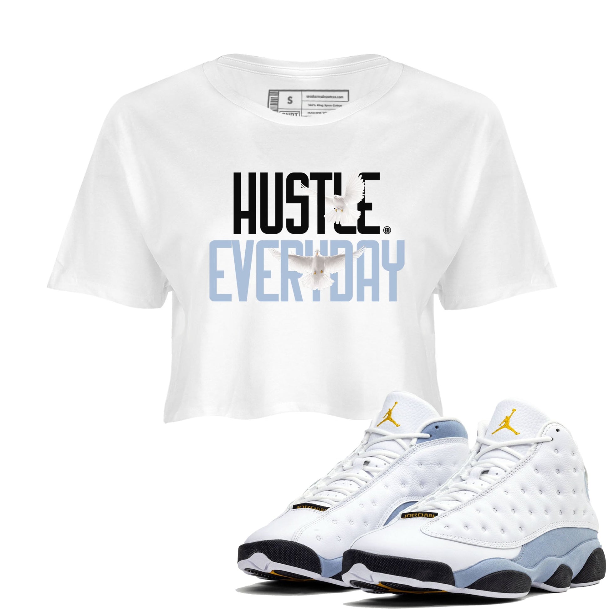 13s Blue Grey shirt to match jordans Daily Hustle sneaker tees Air Jordan 13 Blue Grey SNRT Sneaker Release Tees White 1 crop length shirt
