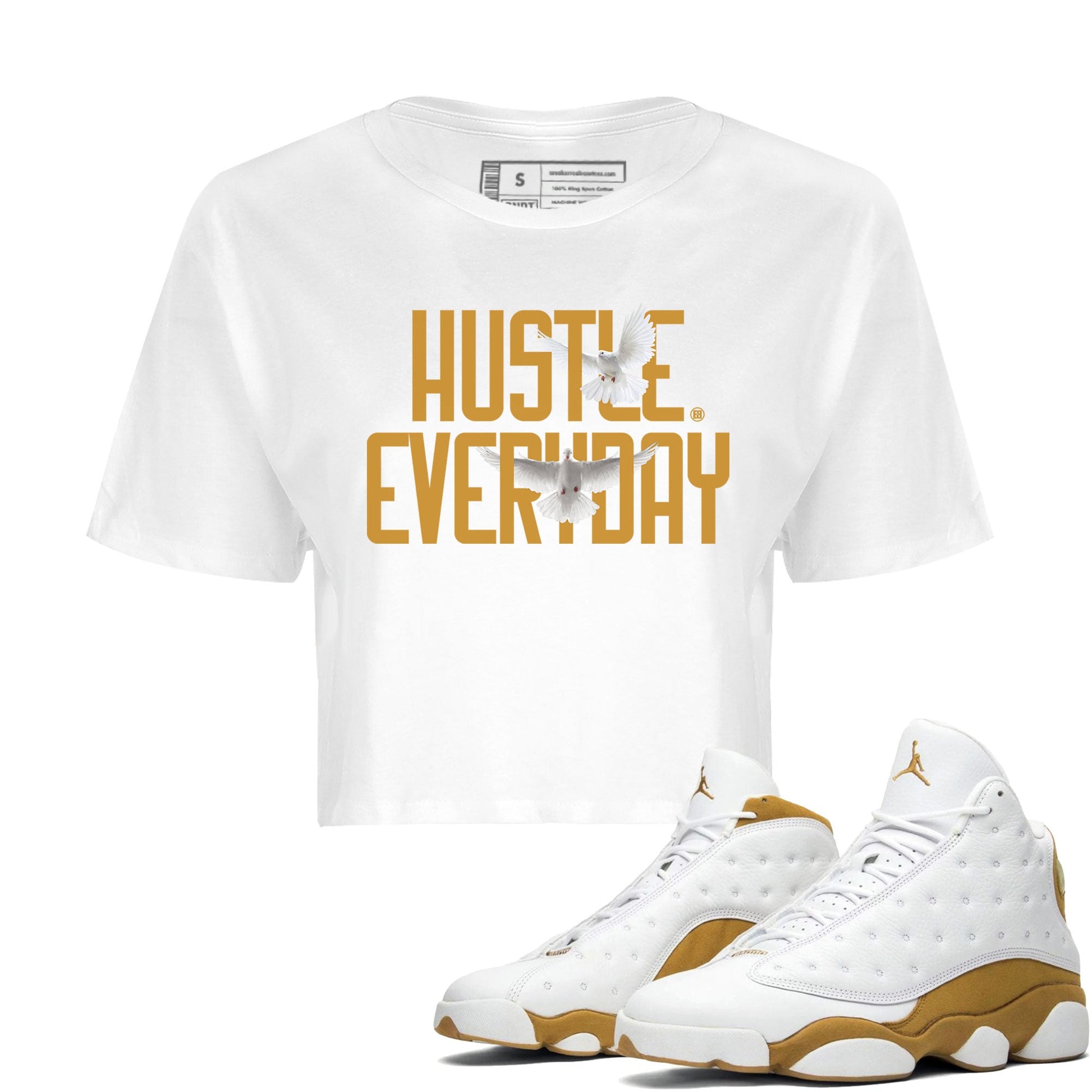 Air Jordan 13 Retro Wheat Sneaker Matching Clothes Daily Hustle Sneaker TeesAJ13 Wheat SNRT Sneaker Release Tees Crop T-Shirts White 1