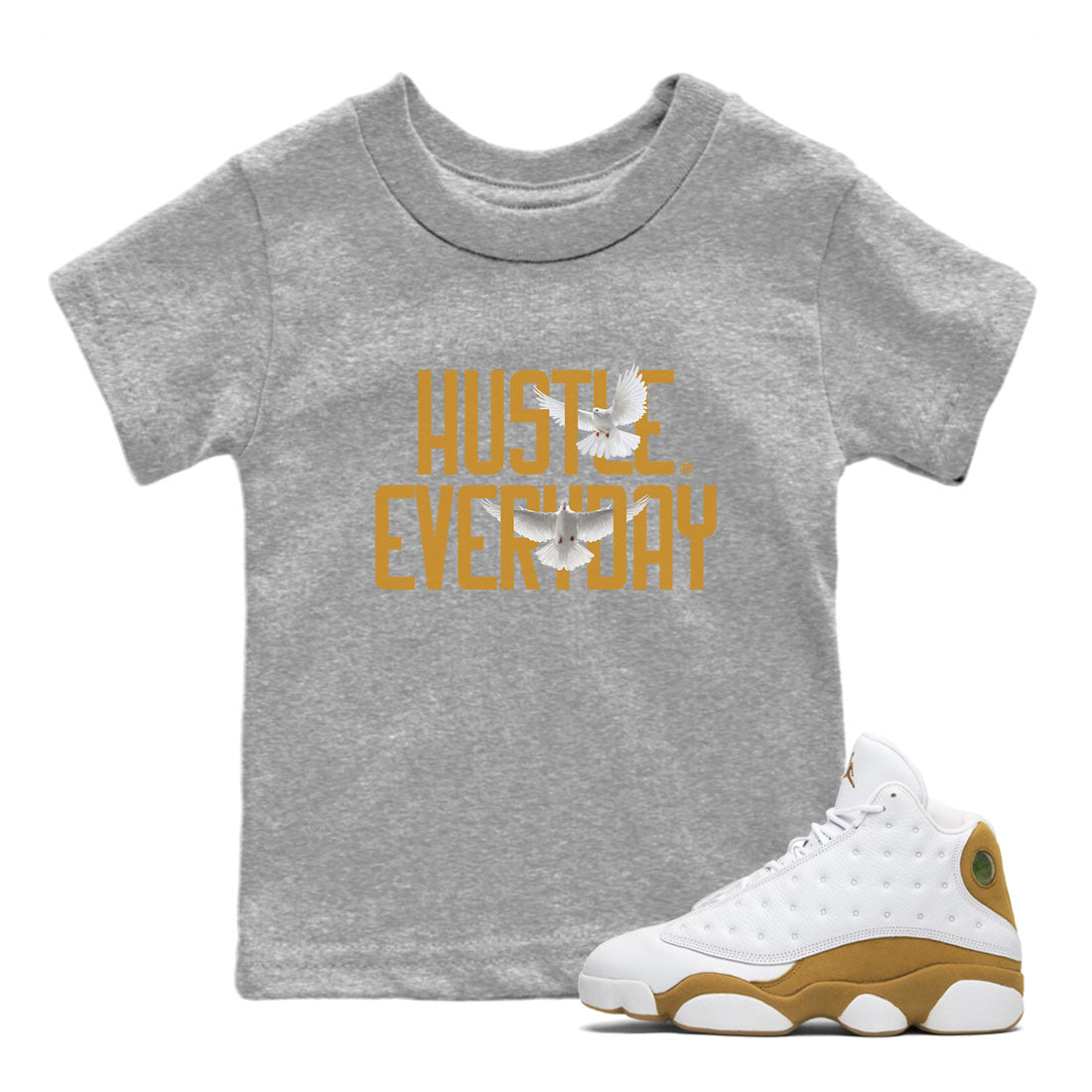 Air Jordan 13 Retro Wheat Sneaker Matching Clothes Daily Hustle Sneaker Tees Air Jordan 13 Wheat SNRT Sneaker Release Tees Kids and Baby Youth Shirts Heather Grey 1