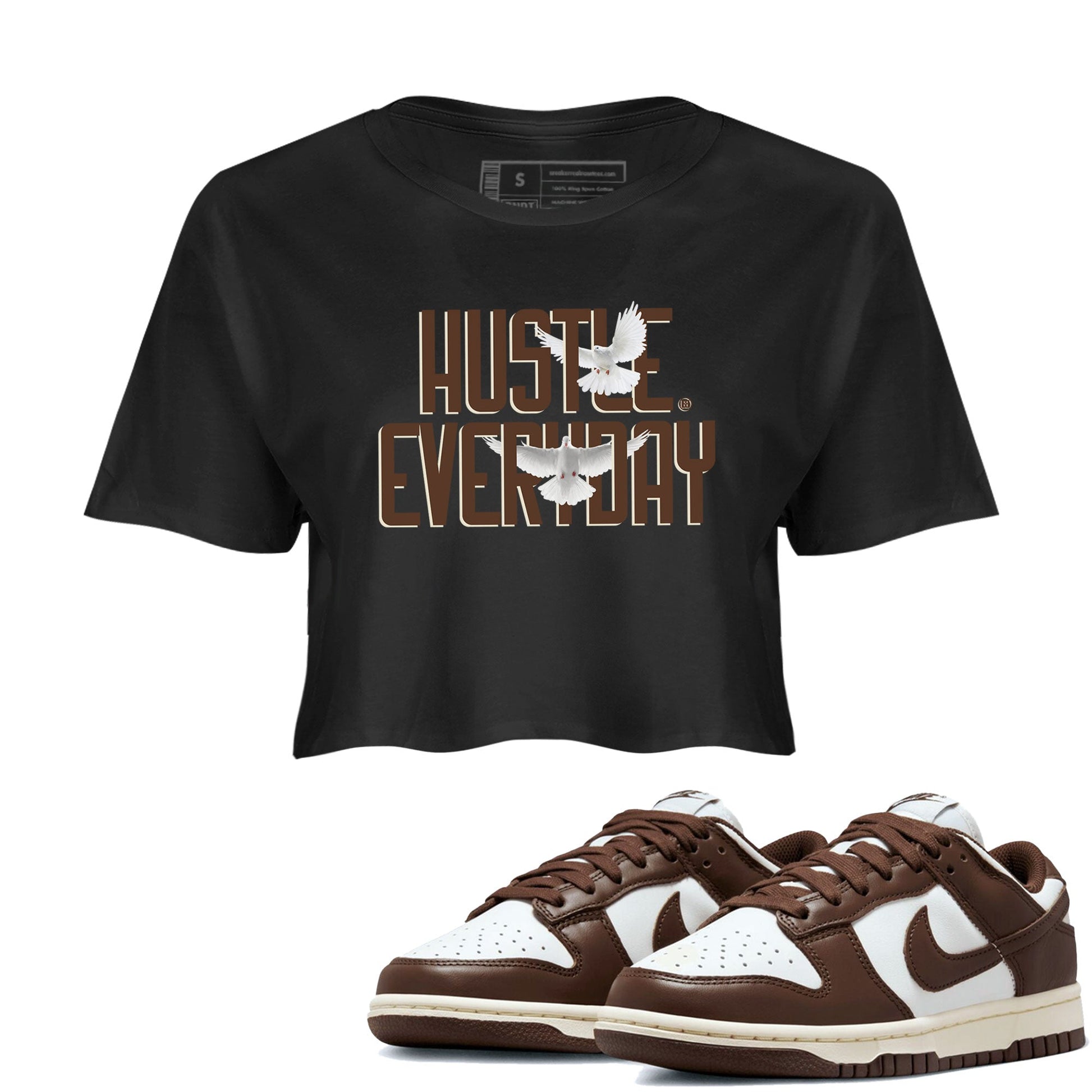 Dunk Low WMNS Cacao Wow sneaker shirt to match jordans Daily Hustle sneaker tees Dunk Cacao Wow SNRT Sneaker Release Tees Black 1 Crop T-Shirt